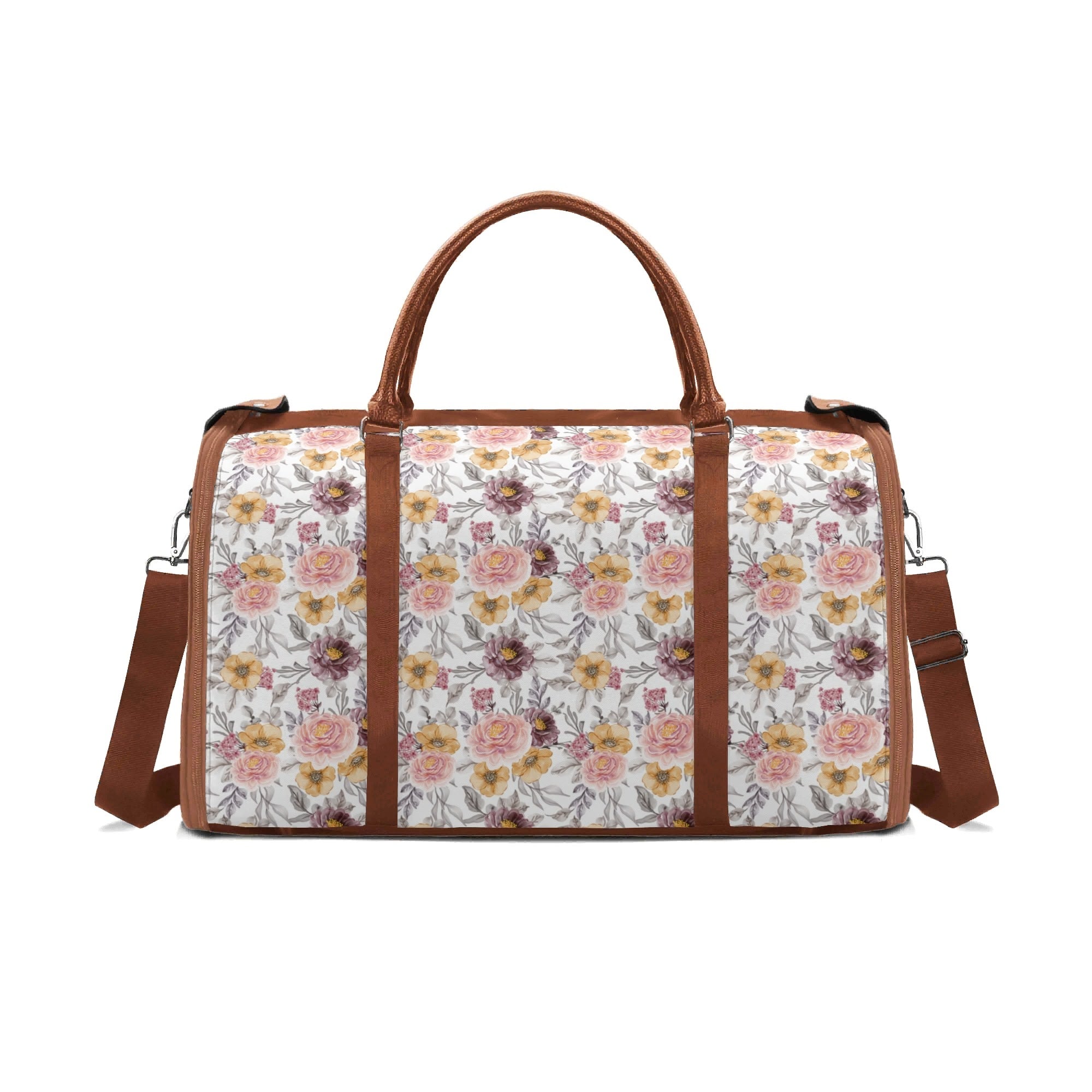 Personalised Painted Flowers Foldable Travel Bag Brown Personalised Foldable Travel Bag Plants Printed Offshore