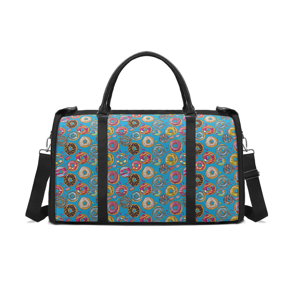 Personalised Doughnuts On Blue Foldable Travel Bag Black Personalised Foldable Travel Bag Food Printed Offshore