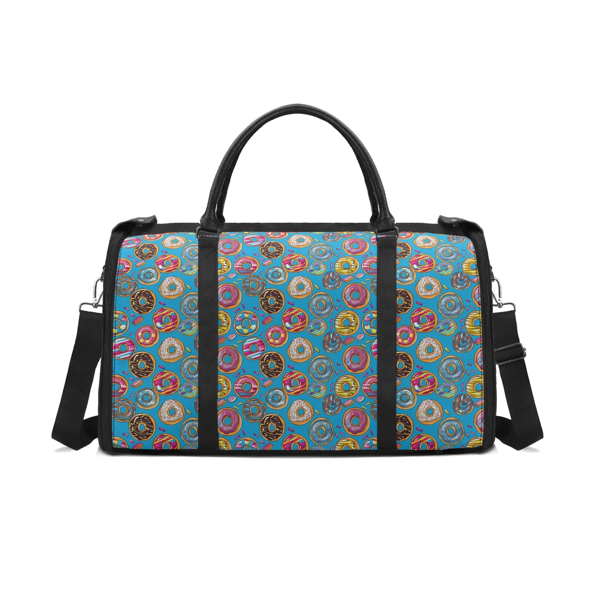 Personalised Doughnuts On Blue Foldable Travel Bag Black Personalised Foldable Travel Bag Food Printed Offshore