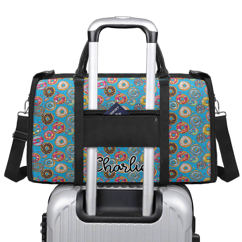 Personalised Doughnuts On Blue Foldable Travel Bag Personalised Foldable Travel Bag Food Printed Offshore