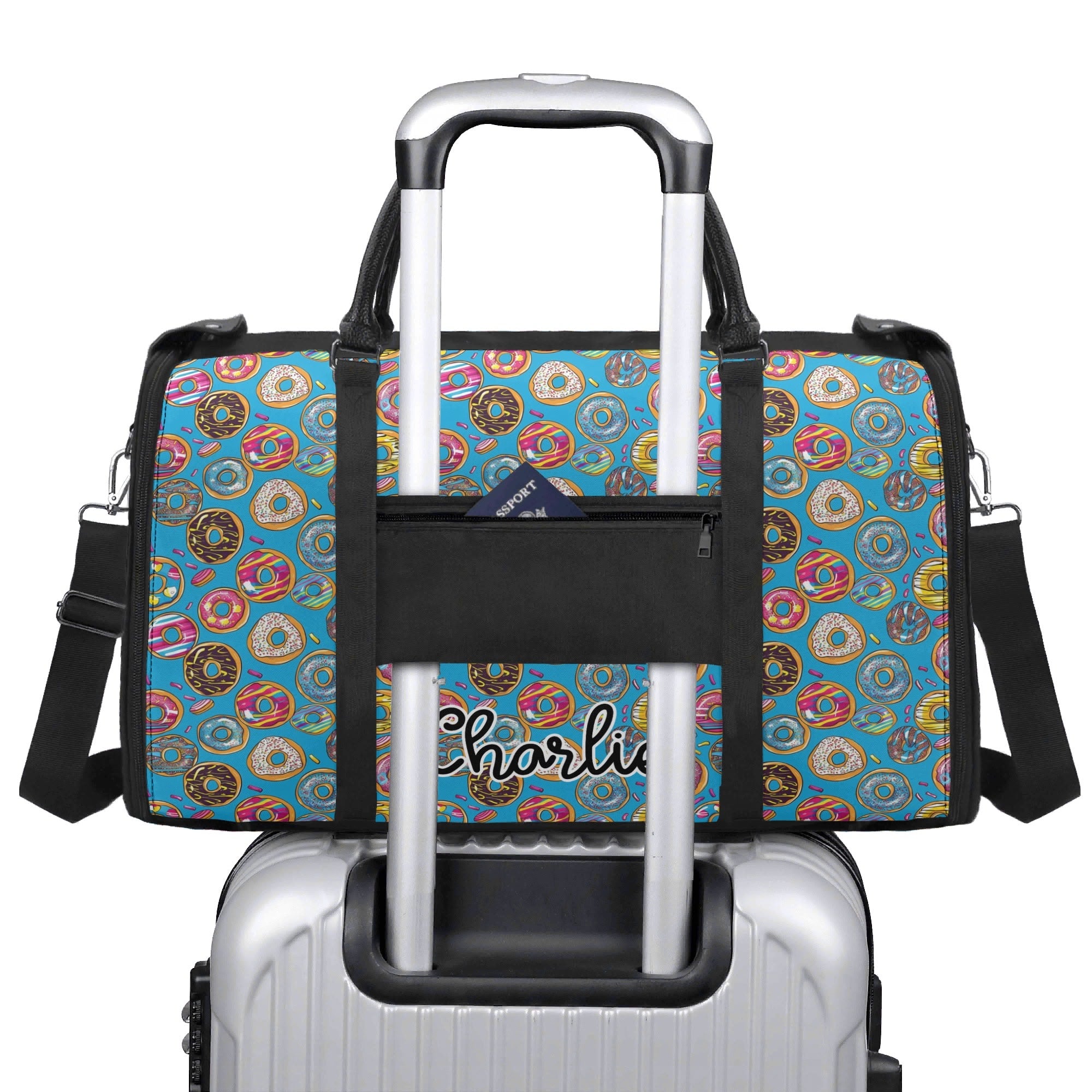 Personalised Doughnuts On Blue Foldable Travel Bag Personalised Foldable Travel Bag Food Printed Offshore