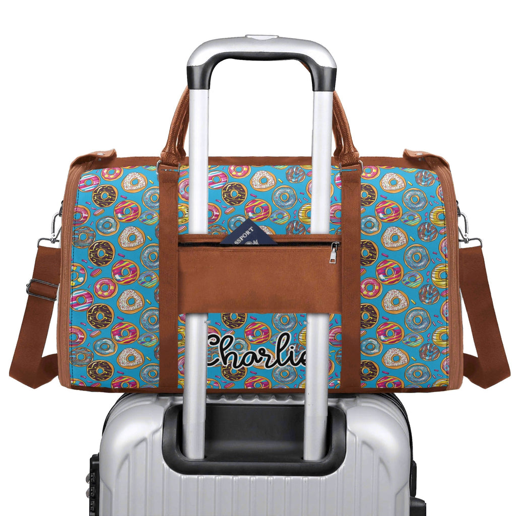 Personalised Doughnuts On Blue Foldable Travel Bag Personalised Foldable Travel Bag Food Printed Offshore