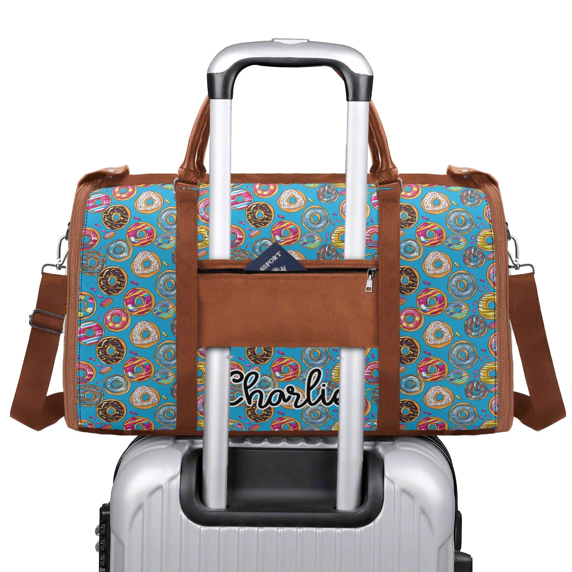 Personalised Doughnuts On Blue Foldable Travel Bag Personalised Foldable Travel Bag Food Printed Offshore