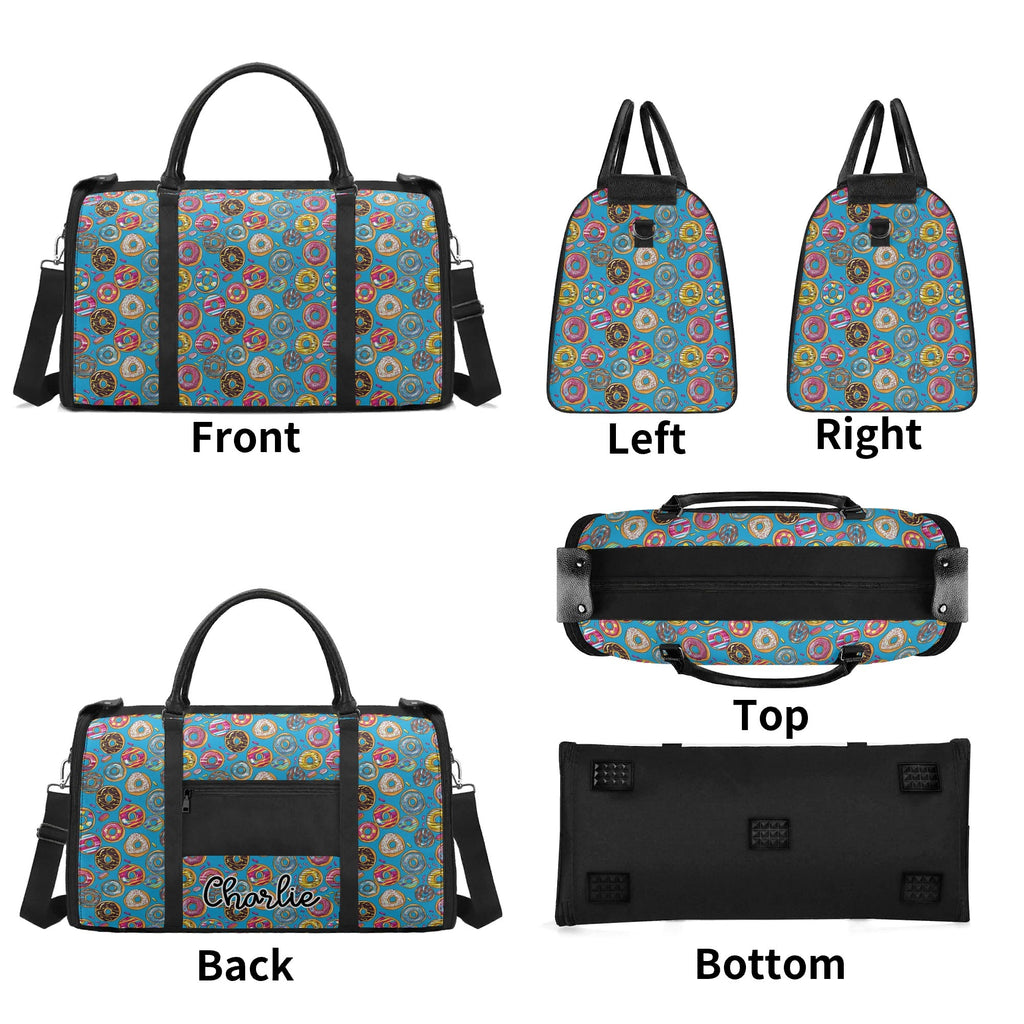Personalised Doughnuts On Blue Foldable Travel Bag Personalised Foldable Travel Bag Food Printed Offshore