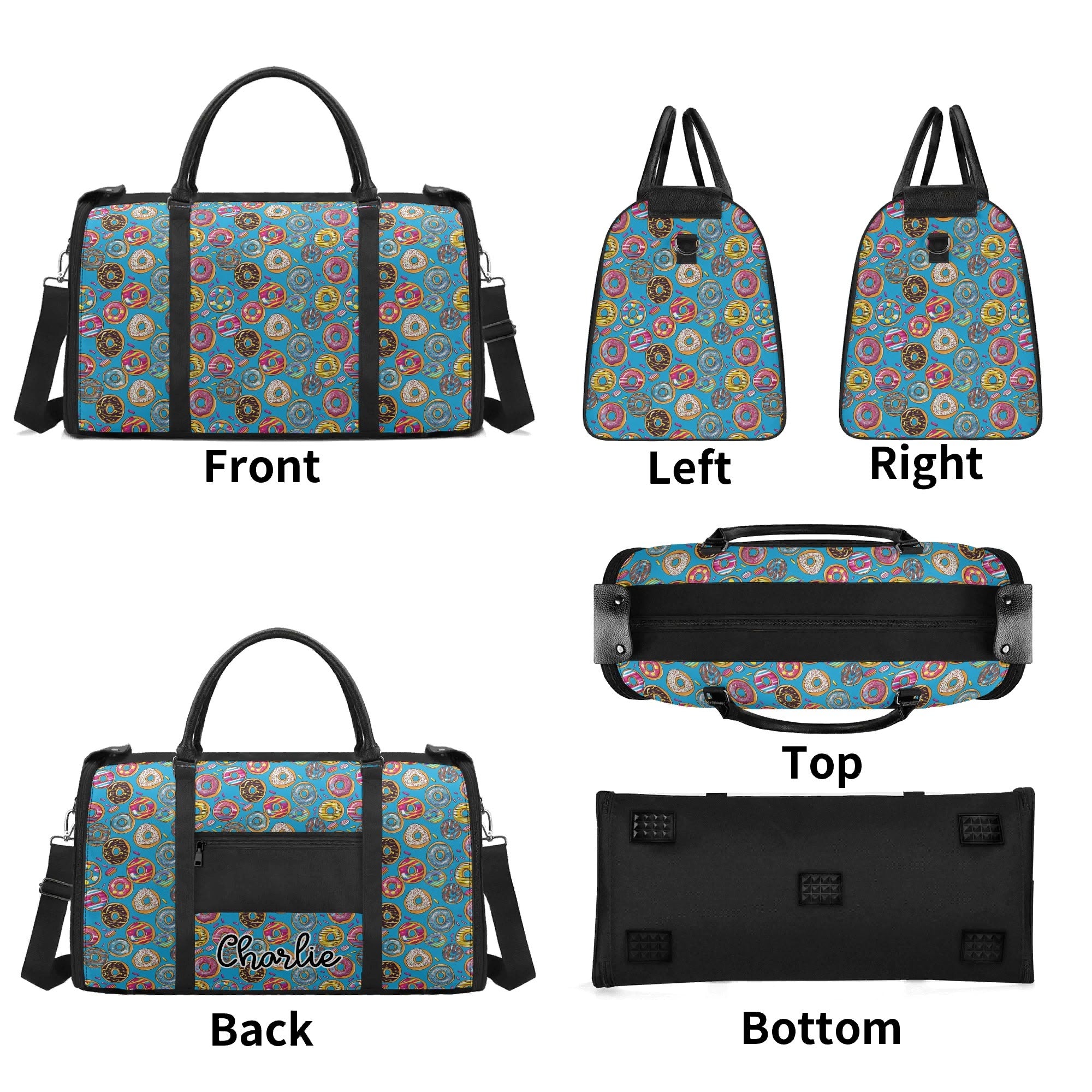 Personalised Doughnuts On Blue Foldable Travel Bag Personalised Foldable Travel Bag Food Printed Offshore
