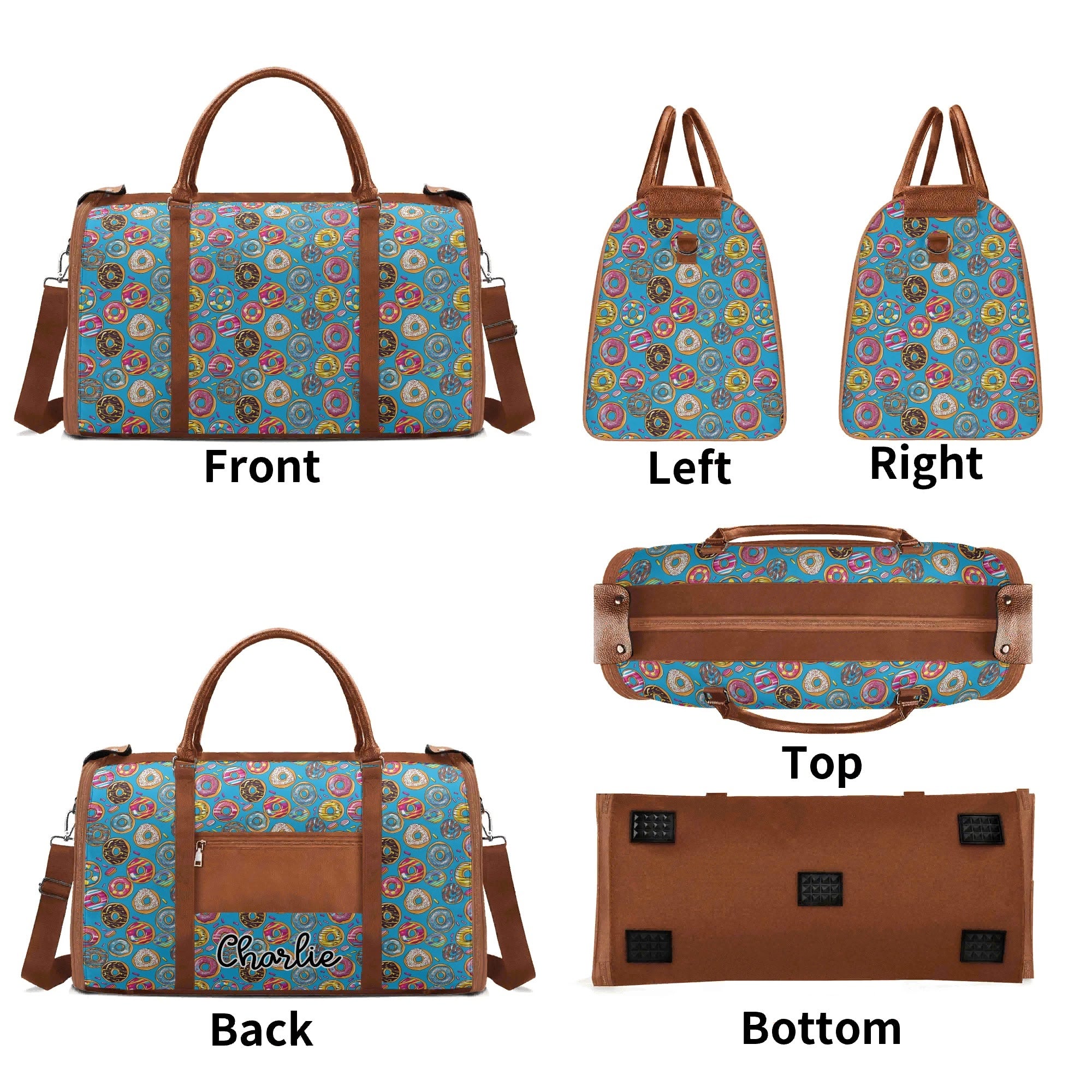 Personalised Doughnuts On Blue Foldable Travel Bag Personalised Foldable Travel Bag Food Printed Offshore
