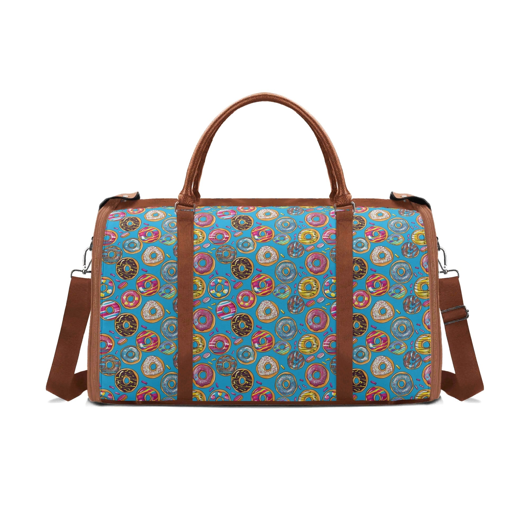 Personalised Doughnuts On Blue Foldable Travel Bag Brown Personalised Foldable Travel Bag Food Printed Offshore