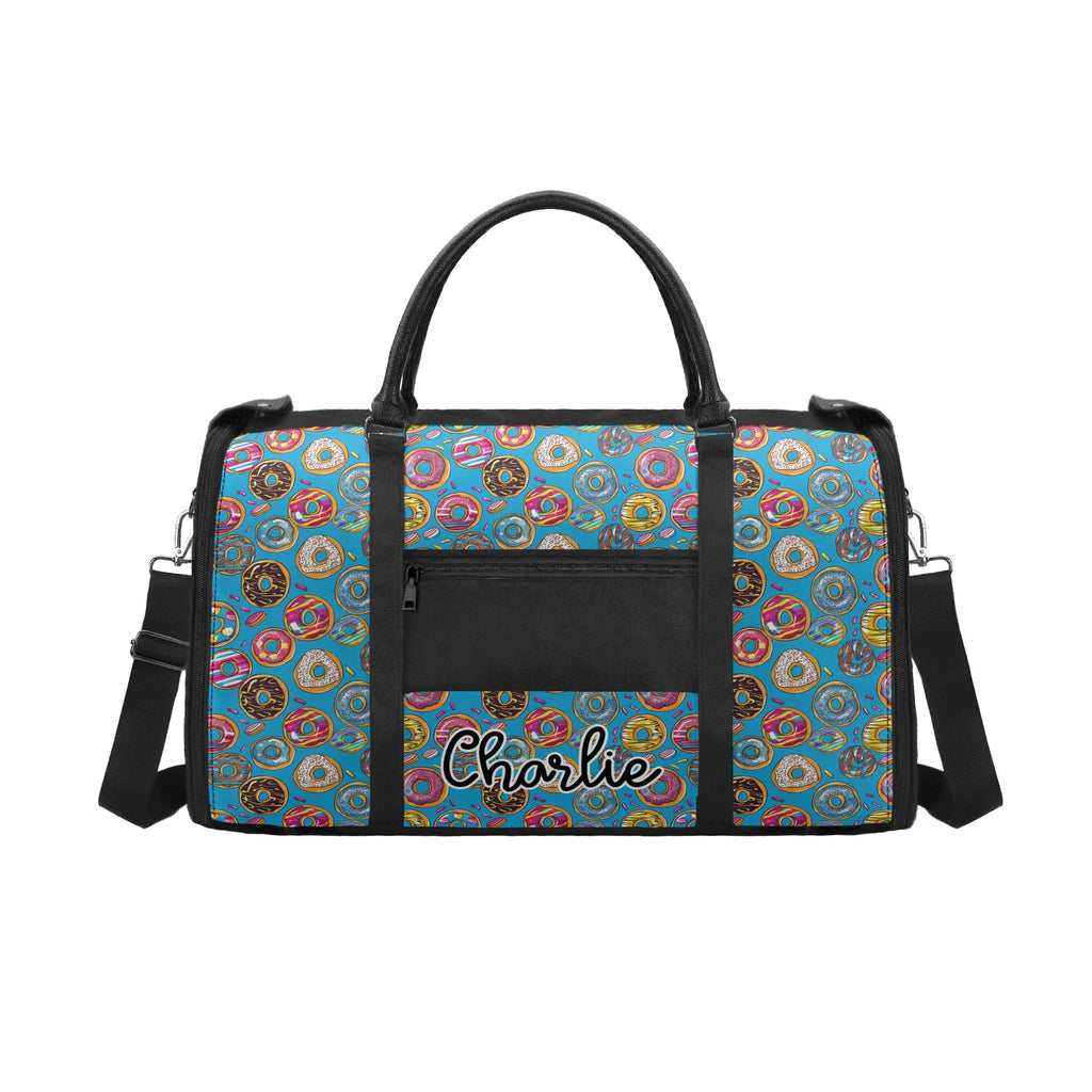Personalised Doughnuts On Blue Foldable Travel Bag Personalised Foldable Travel Bag Food Printed Offshore