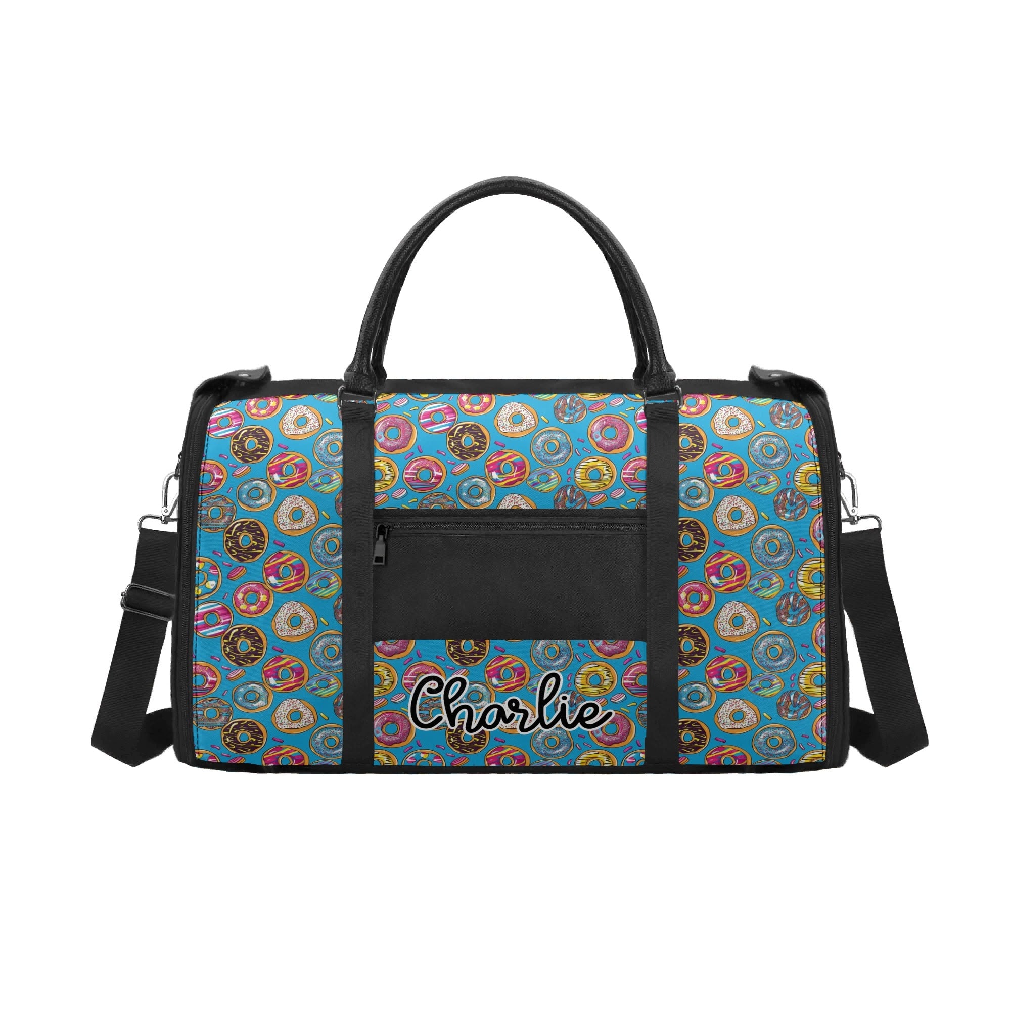 Personalised Doughnuts On Blue Foldable Travel Bag Personalised Foldable Travel Bag Food Printed Offshore