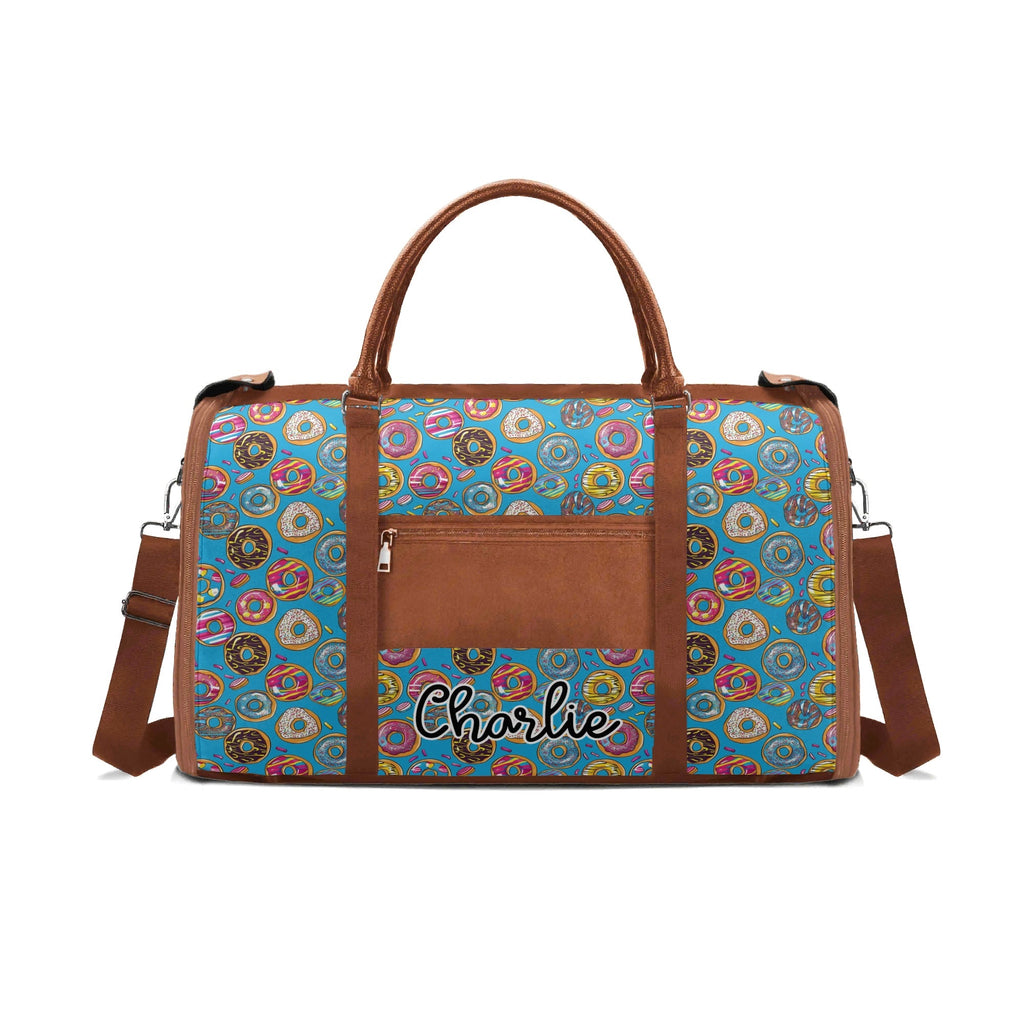 Personalised Doughnuts On Blue Foldable Travel Bag Personalised Foldable Travel Bag Food Printed Offshore