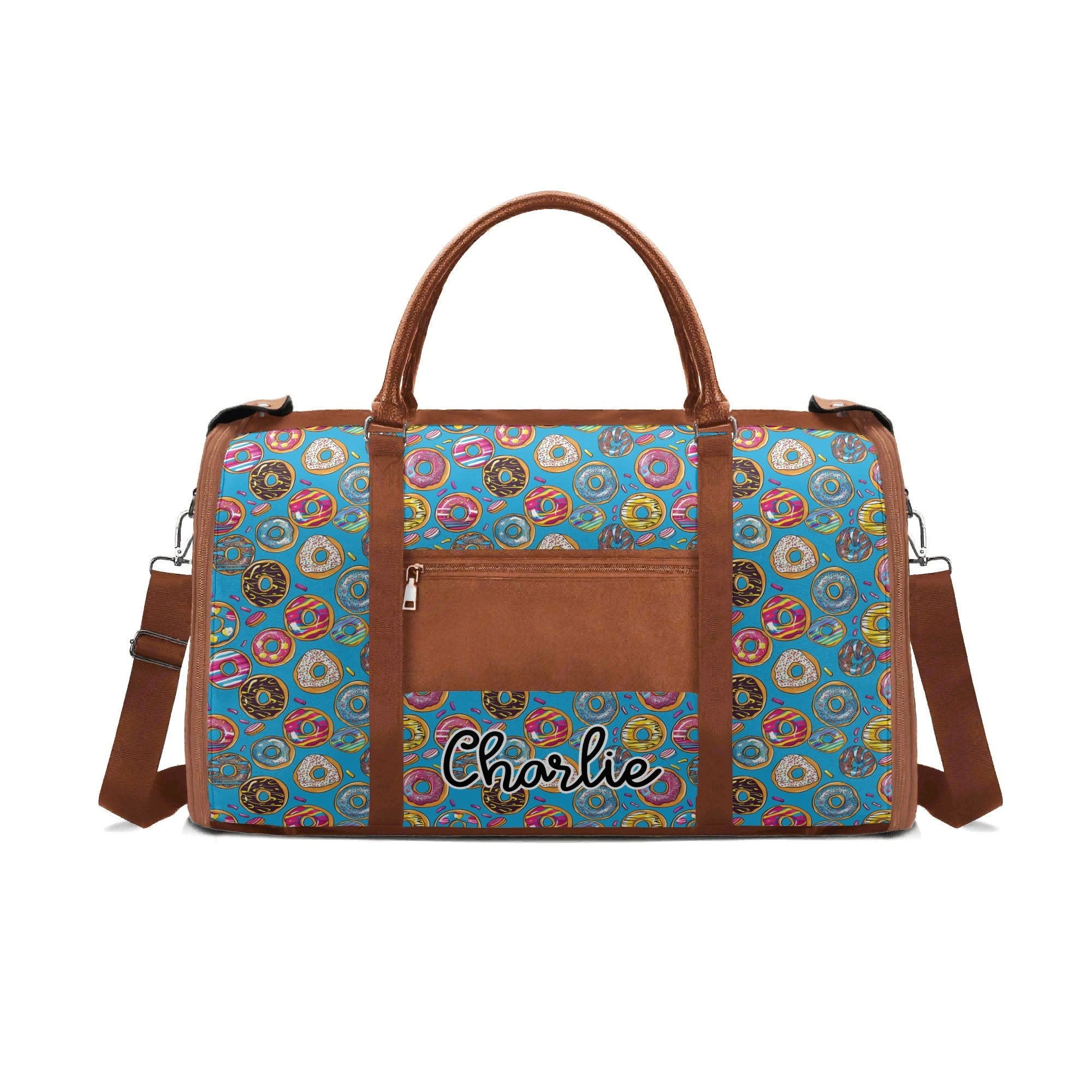 Personalised Doughnuts On Blue Foldable Travel Bag Personalised Foldable Travel Bag Food Printed Offshore
