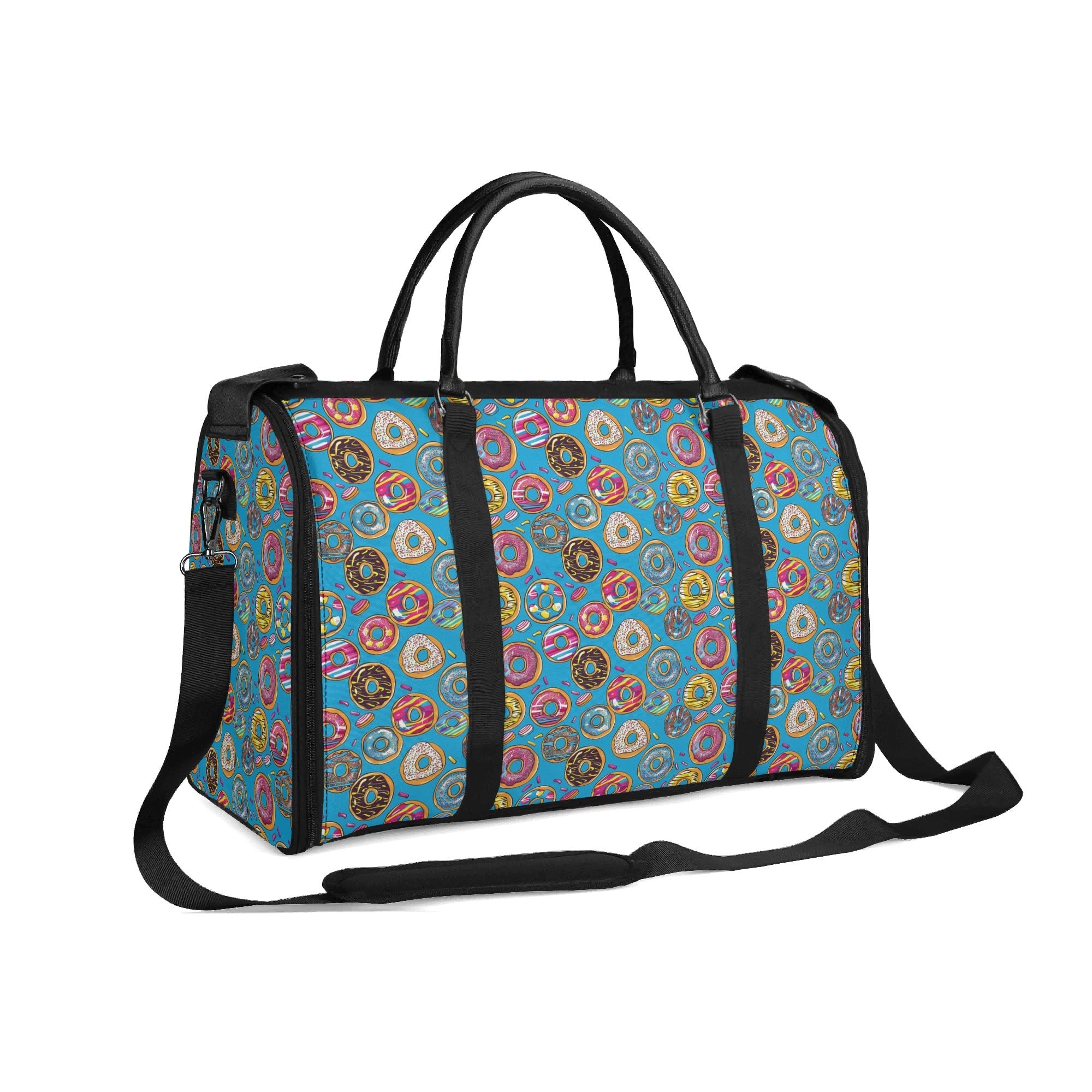 Personalised Doughnuts On Blue Foldable Travel Bag Personalised Foldable Travel Bag Food Printed Offshore