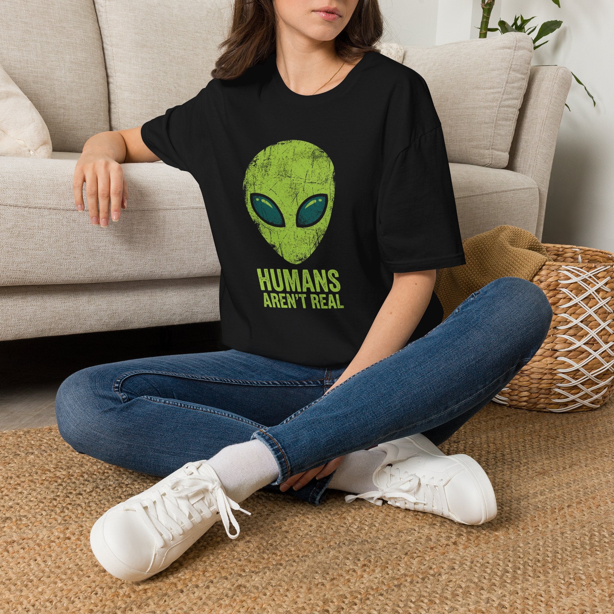 Green Alien Head Humans Aren't Real Unisex T-Shirt Unisex Adult T-shirt Globally Fulfilled Sci Fi