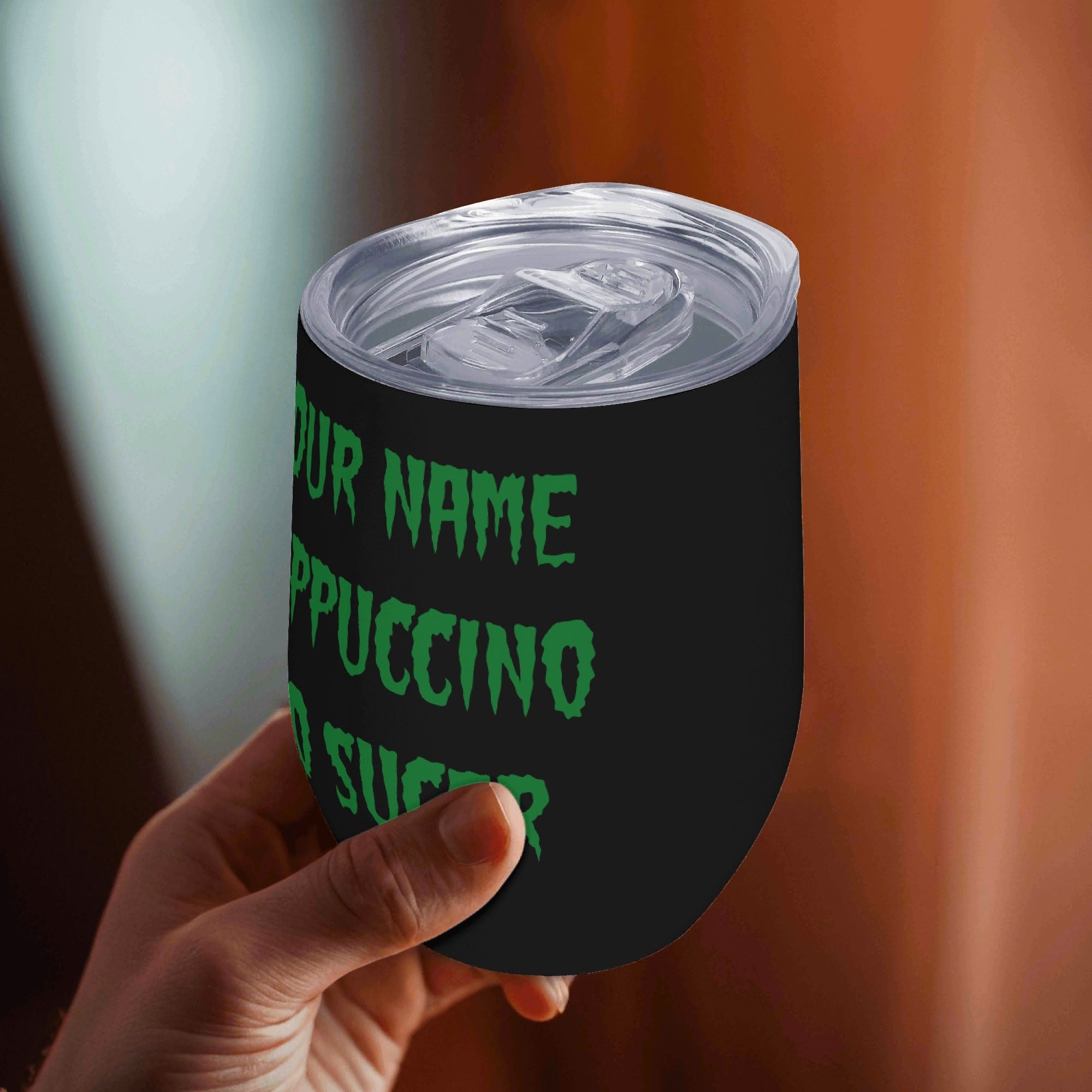 Personalised Your Coffee Order, Horror Movie Font 12oz Wine Tumbler / Travel Mug Personalised Wine Tumbler / Travel Mug Coffee Printed Offshore