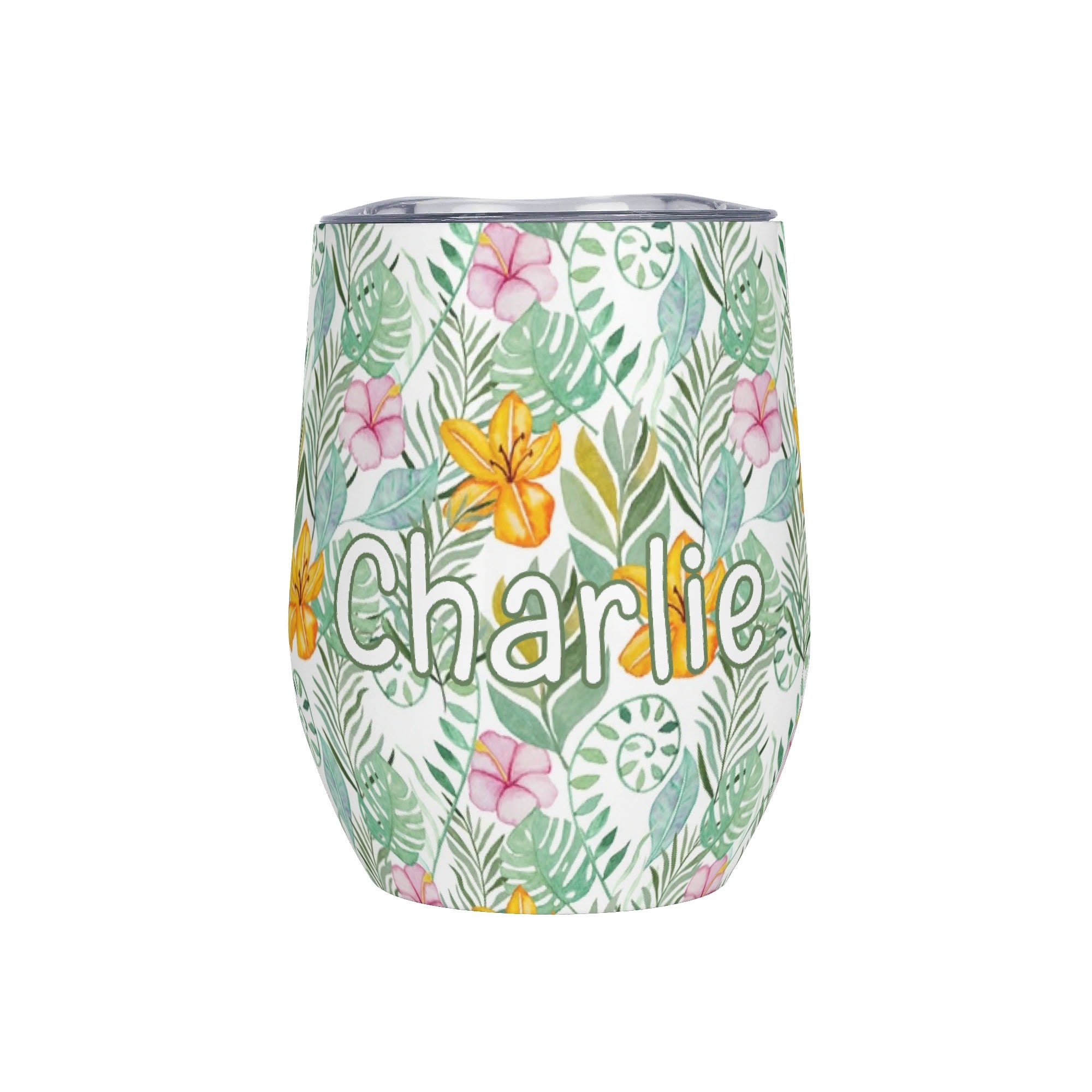 Personalised - Tropical Flowers And Leaves - 12oz Wine Tumbler / Travel Mug Default Title Personalised Wine Tumbler / Travel Mug Plants Printed Offshore