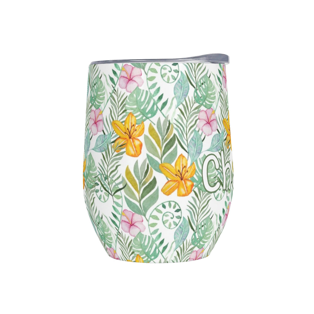 Personalised Tropical Flowers And Leaves 12oz Wine Tumbler / Travel Mug Personalised Wine Tumbler / Travel Mug Plants Printed Offshore
