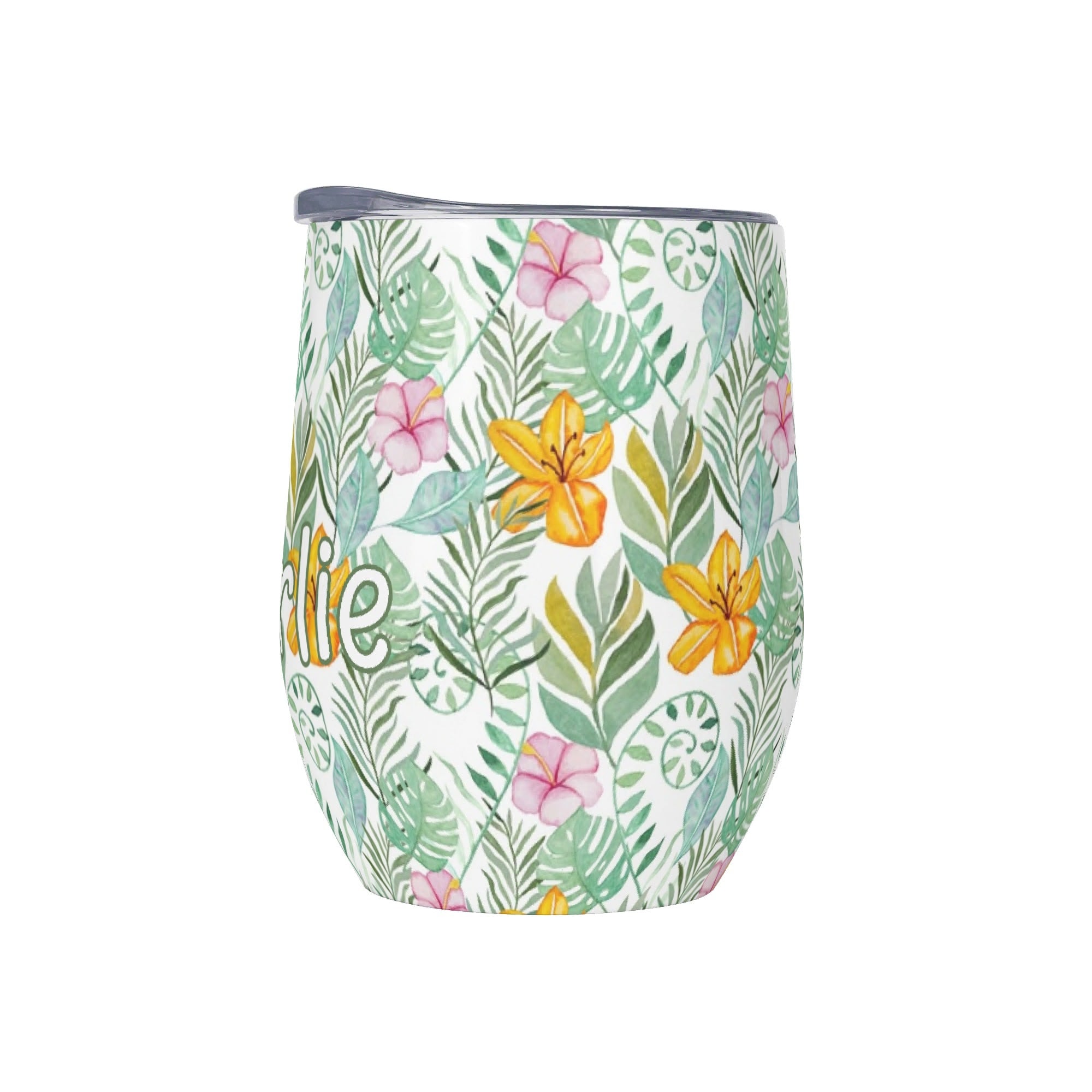 Personalised - Tropical Flowers And Leaves - 12oz Wine Tumbler / Travel Mug Personalised Wine Tumbler / Travel Mug Plants Printed Offshore