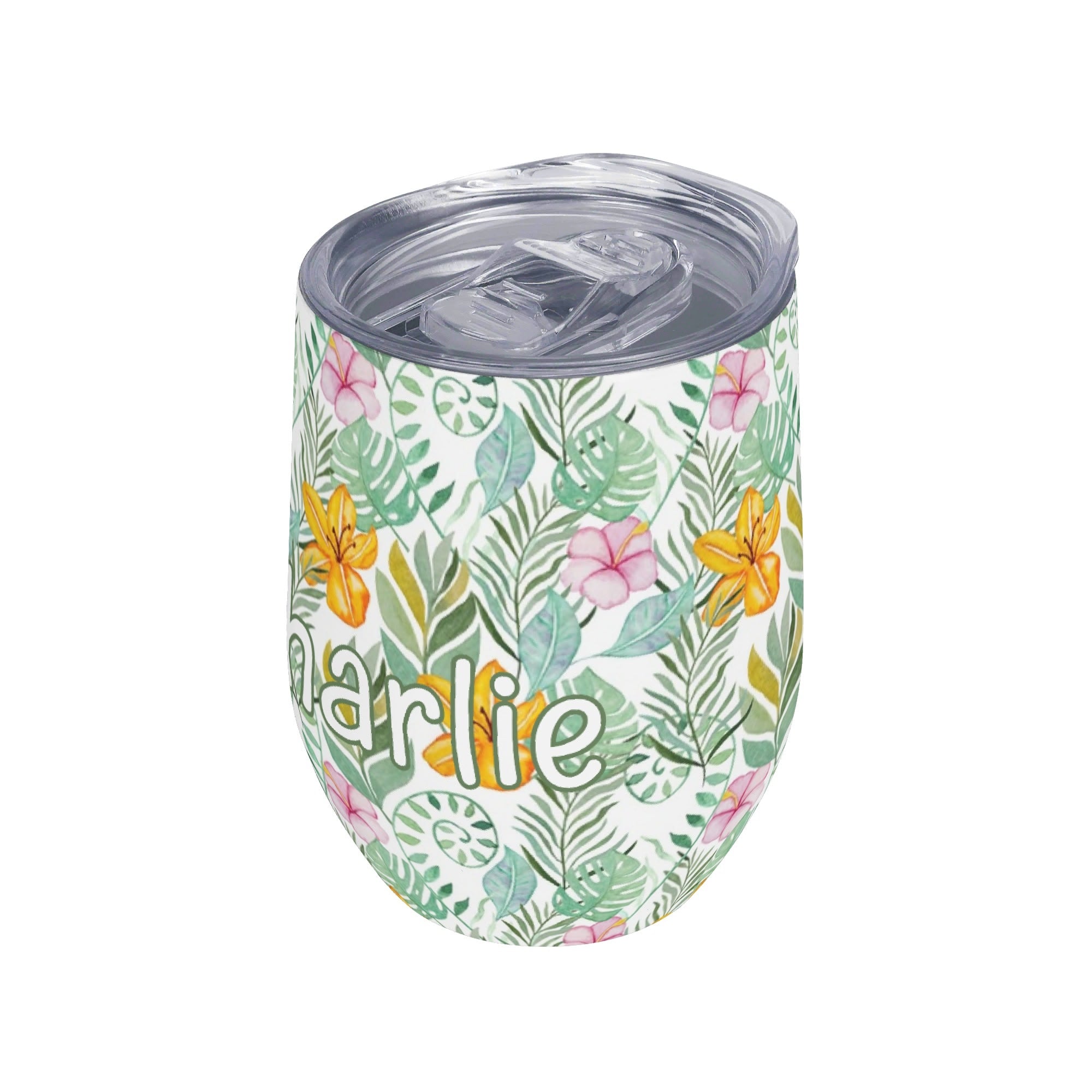 Personalised - Tropical Flowers And Leaves - 12oz Wine Tumbler / Travel Mug Personalised Wine Tumbler / Travel Mug Plants Printed Offshore
