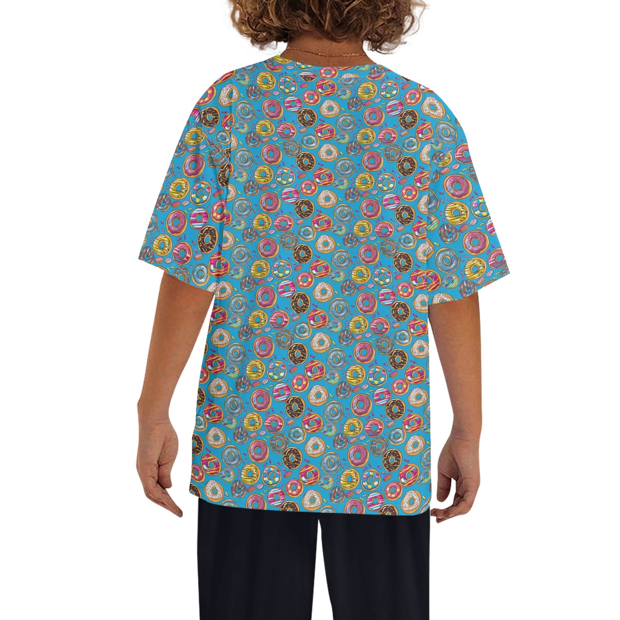 Doughnuts On Blue Kids Loose Fit Short Sleeve T-Shirt Kid's Full Print T-shirt Food Printed Offshore