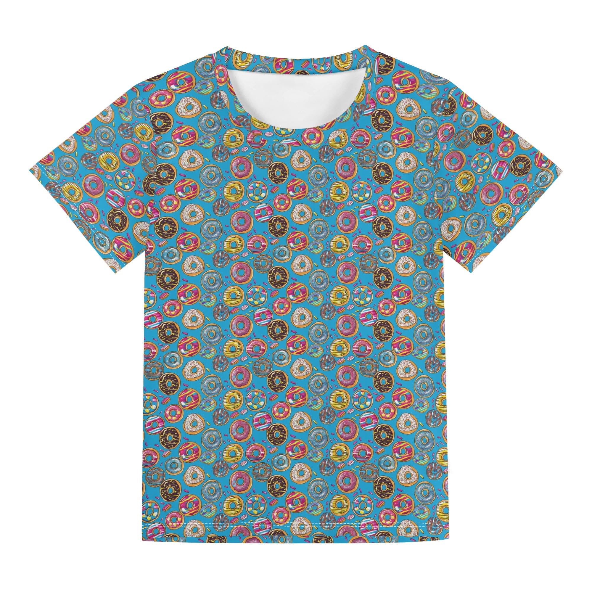 Doughnuts On Blue Kids Loose Fit Short Sleeve T-Shirt Kid's Full Print T-shirt Food Printed Offshore