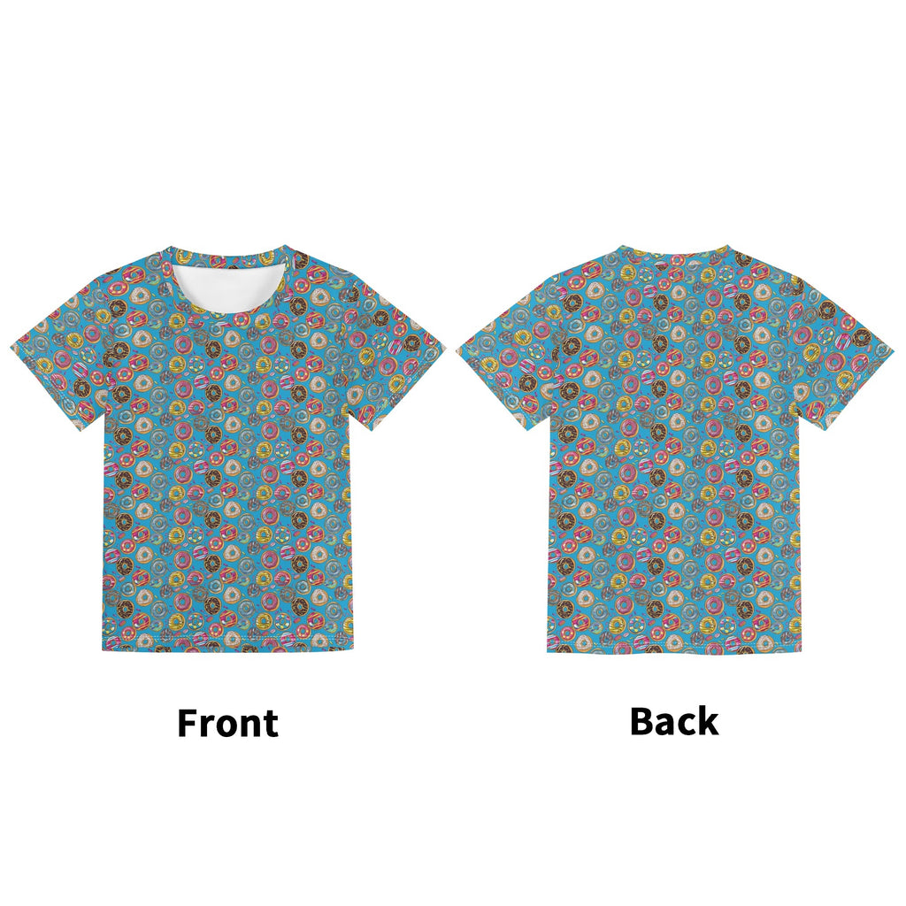Doughnuts On Blue Kids Loose Fit Short Sleeve T-Shirt Kid's Full Print T-shirt Food Printed Offshore
