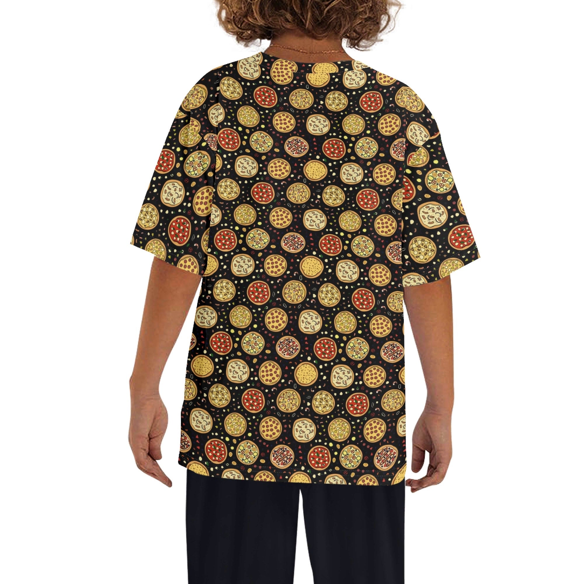 Round Pizzas On Black Kids Loose Fit Short Sleeve T-Shirt Kid's Full Print T-shirt Food Printed Offshore