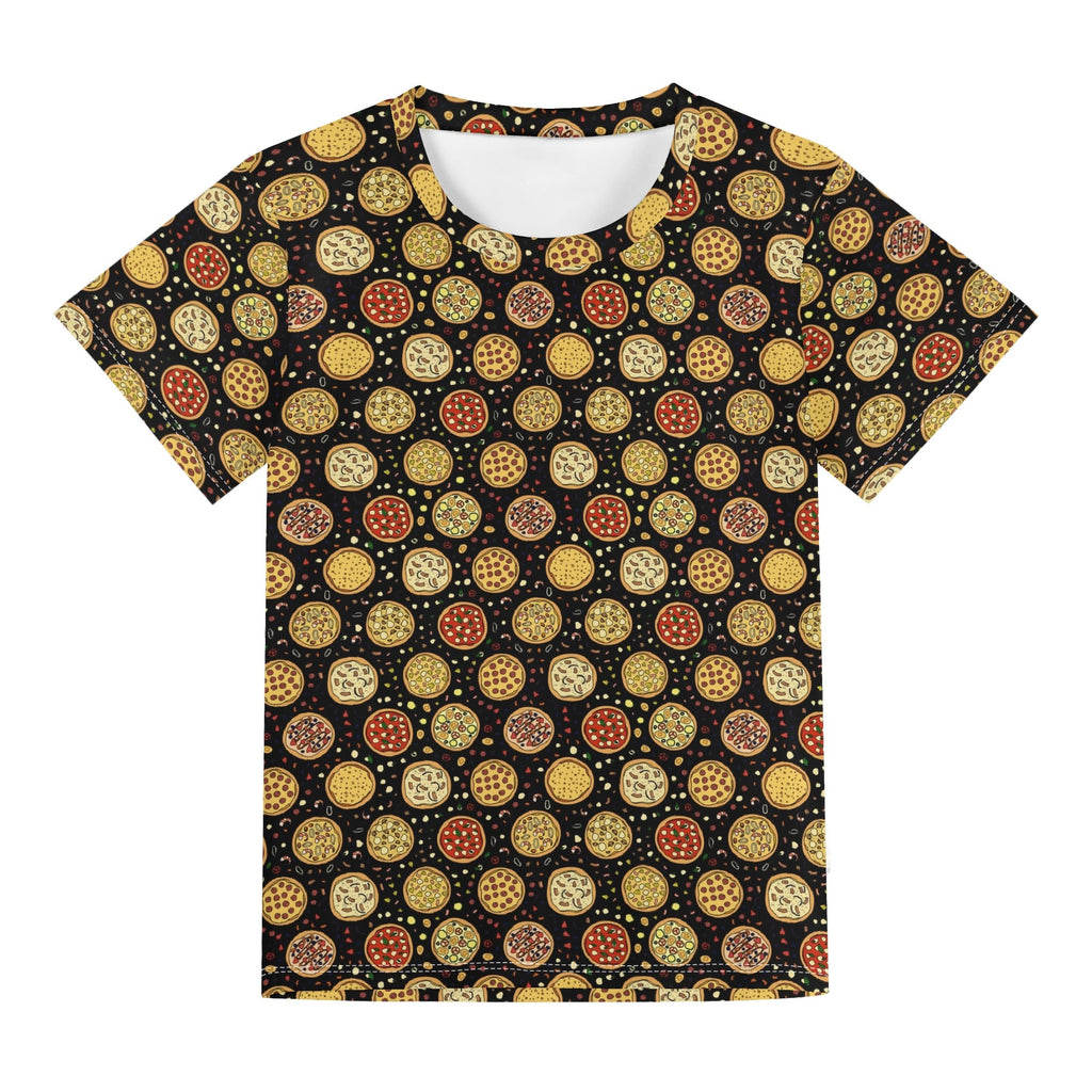Round Pizzas On Black Kids Loose Fit Short Sleeve T-Shirt Kid's Full Print T-shirt Food Printed Offshore