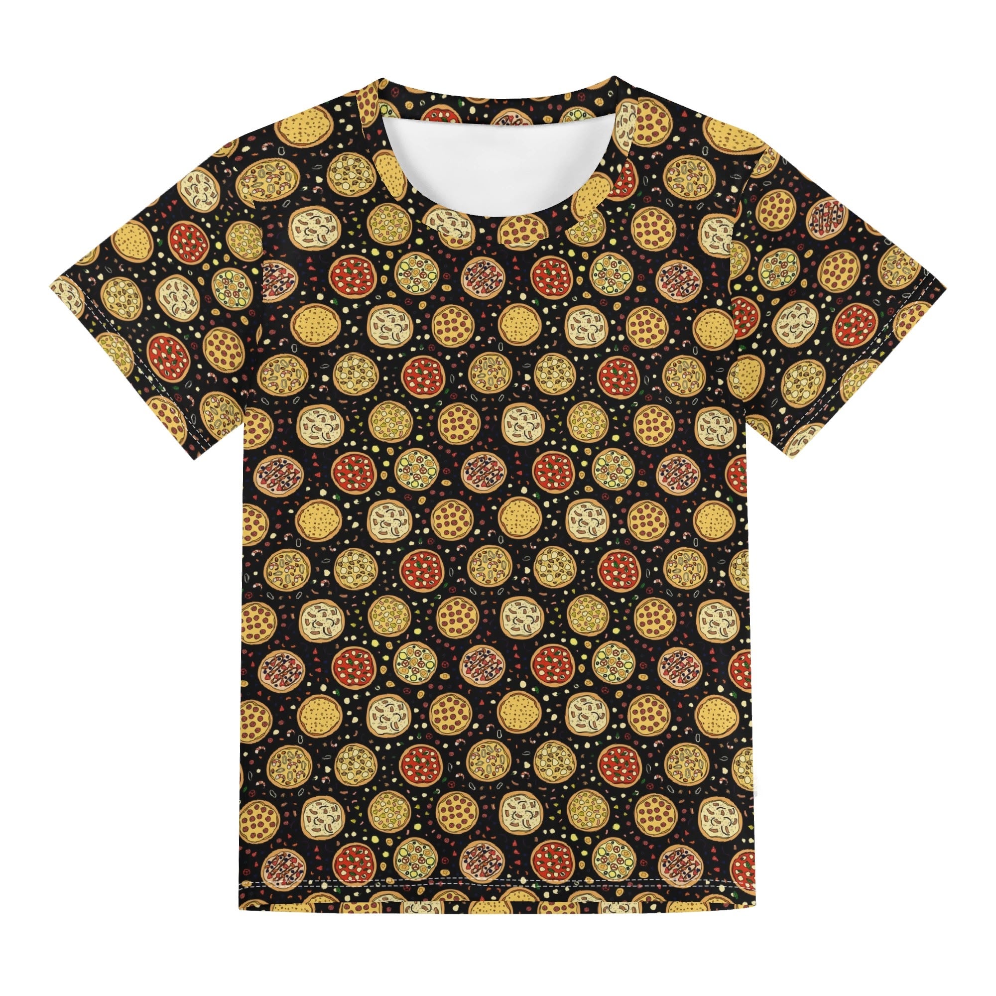 Round Pizzas On Black Kids Loose Fit Short Sleeve T-Shirt Kid's Full Print T-shirt Food Printed Offshore
