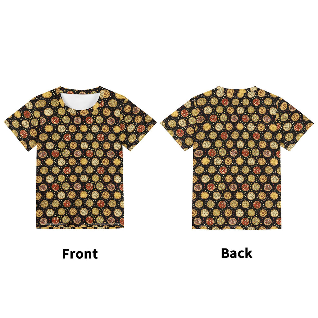 Round Pizzas On Black Kids Loose Fit Short Sleeve T-Shirt Kid's Full Print T-shirt Food Printed Offshore