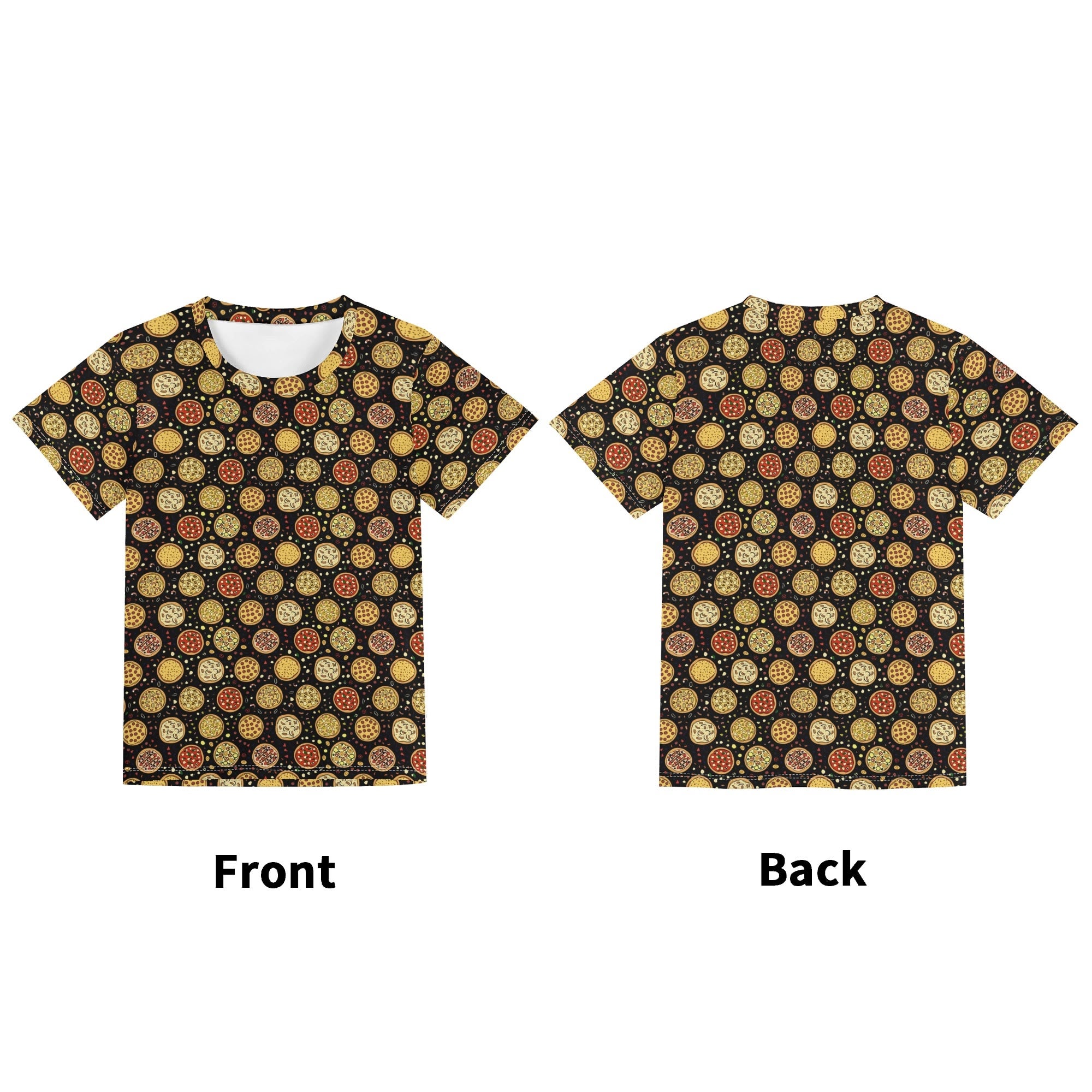 Round Pizzas On Black Kids Loose Fit Short Sleeve T-Shirt Kid's Full Print T-shirt Food Printed Offshore