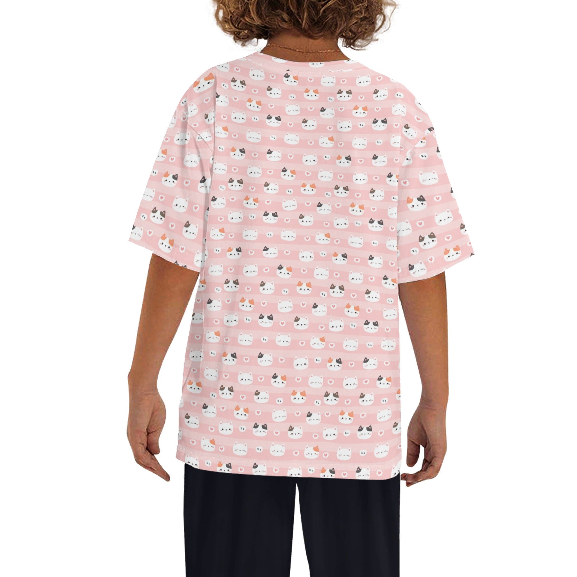 Pink Cats Kids Loose Fit Short Sleeve T-Shirt Kid's Full Print T-shirt animal Printed Offshore