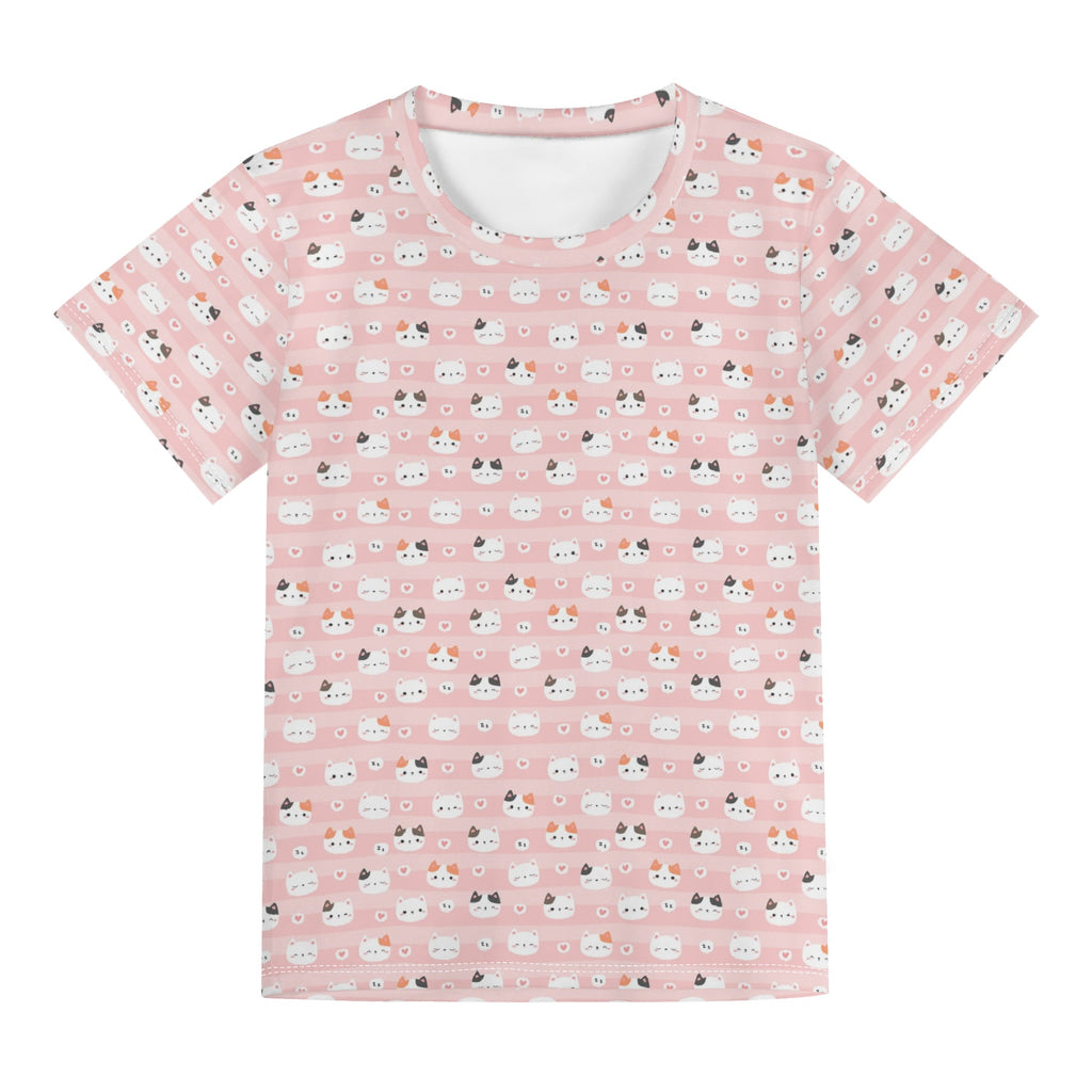 Pink Cats Kids Loose Fit Short Sleeve T-Shirt Kid's Full Print T-shirt animal Printed Offshore
