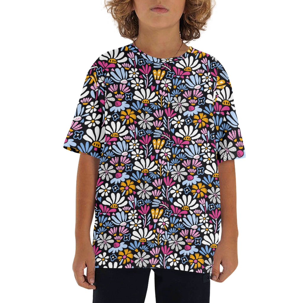 Graphic Flowers On Black Kids Loose Fit Short Sleeve T-Shirt XL Kid's Full Print T-shirt Plants Printed Offshore
