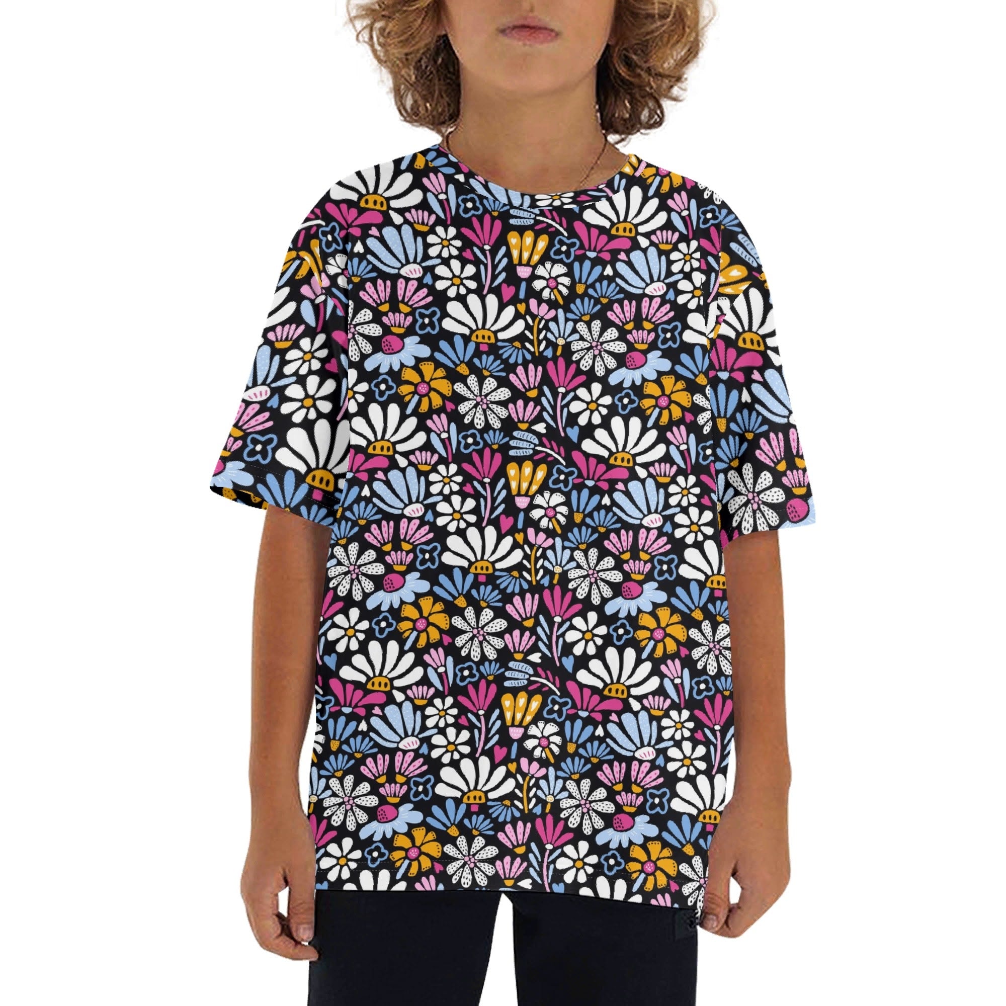 Graphic Flowers On Black Kids Loose Fit Short Sleeve T-Shirt XL Kid's Full Print T-shirt Plants Printed Offshore