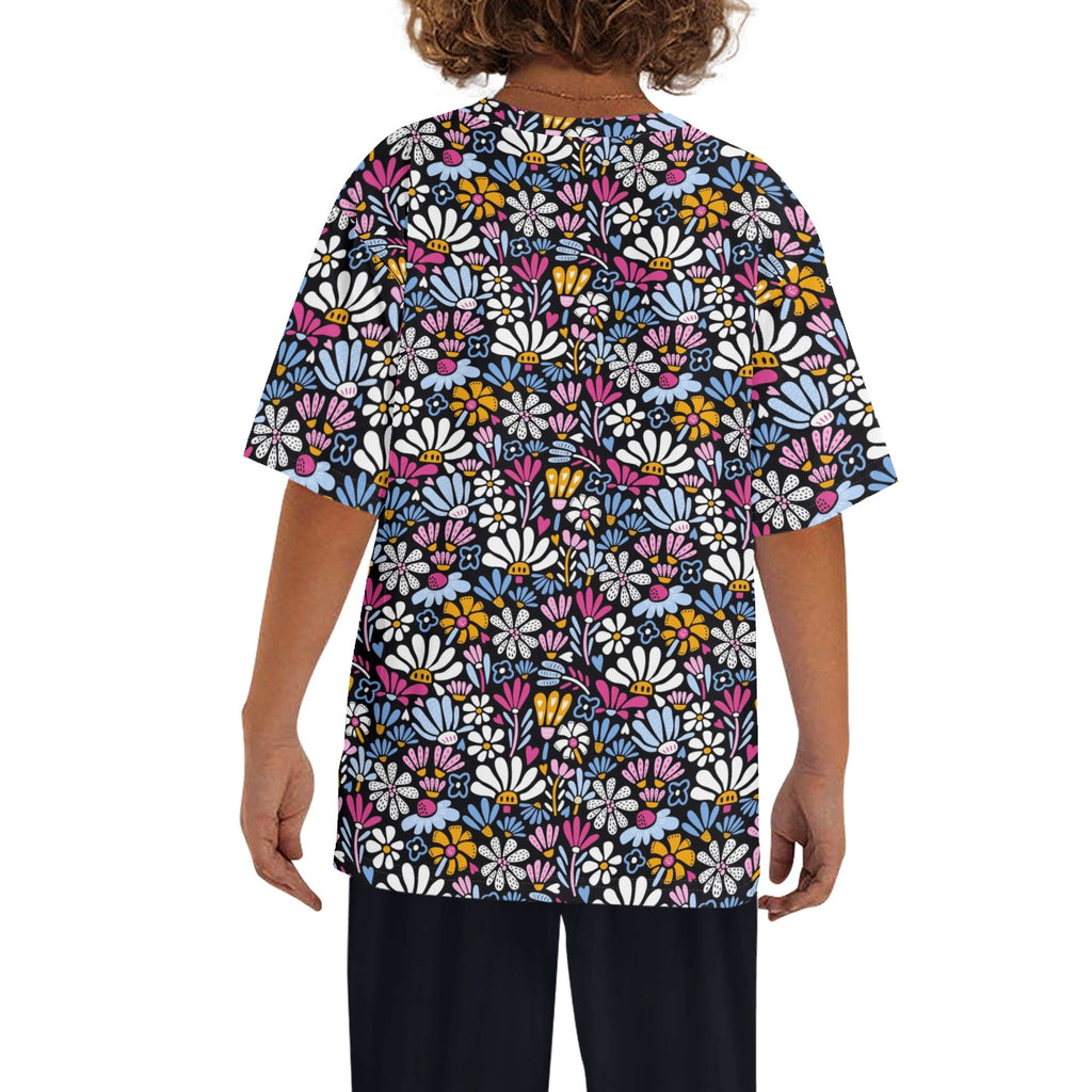 Graphic Flowers On Black Kids Loose Fit Short Sleeve T-Shirt Kid's Full Print T-shirt Plants Printed Offshore