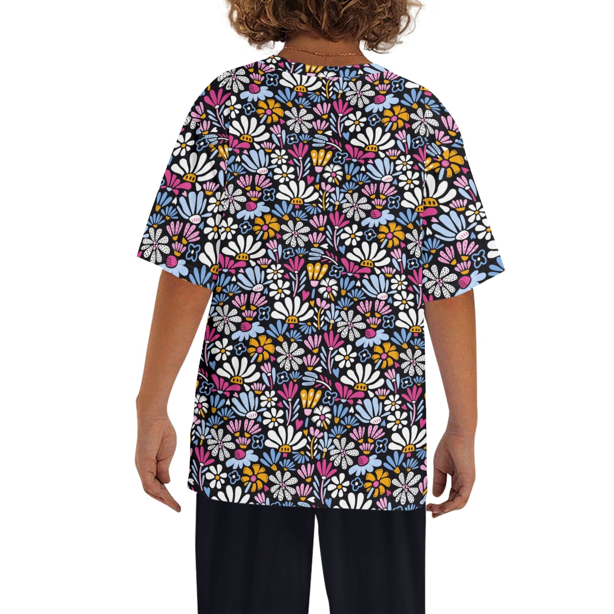 Graphic Flowers On Black Kids Loose Fit Short Sleeve T-Shirt Kid's Full Print T-shirt Plants Printed Offshore