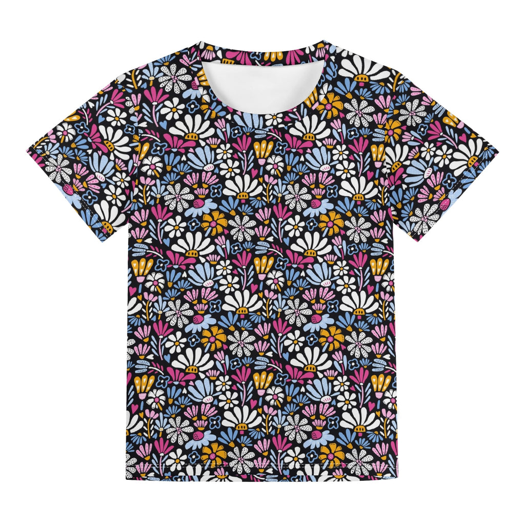 Graphic Flowers On Black Kids Loose Fit Short Sleeve T-Shirt Kid's Full Print T-shirt Plants Printed Offshore