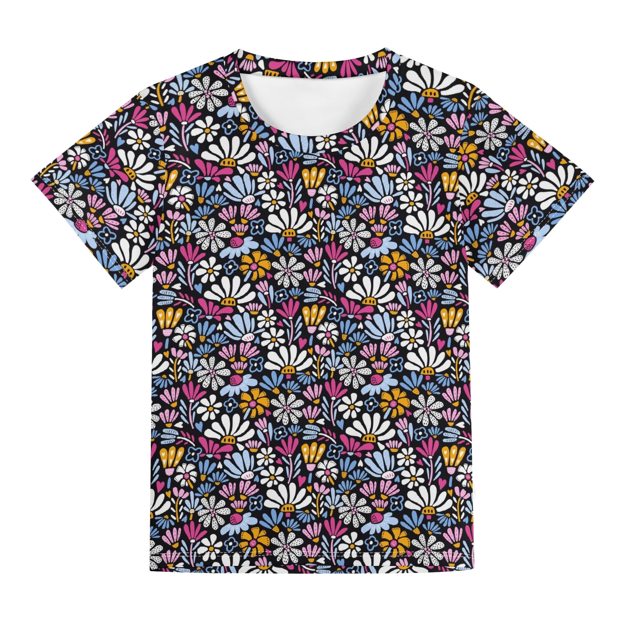 Graphic Flowers On Black Kids Loose Fit Short Sleeve T-Shirt Kid's Full Print T-shirt Plants Printed Offshore
