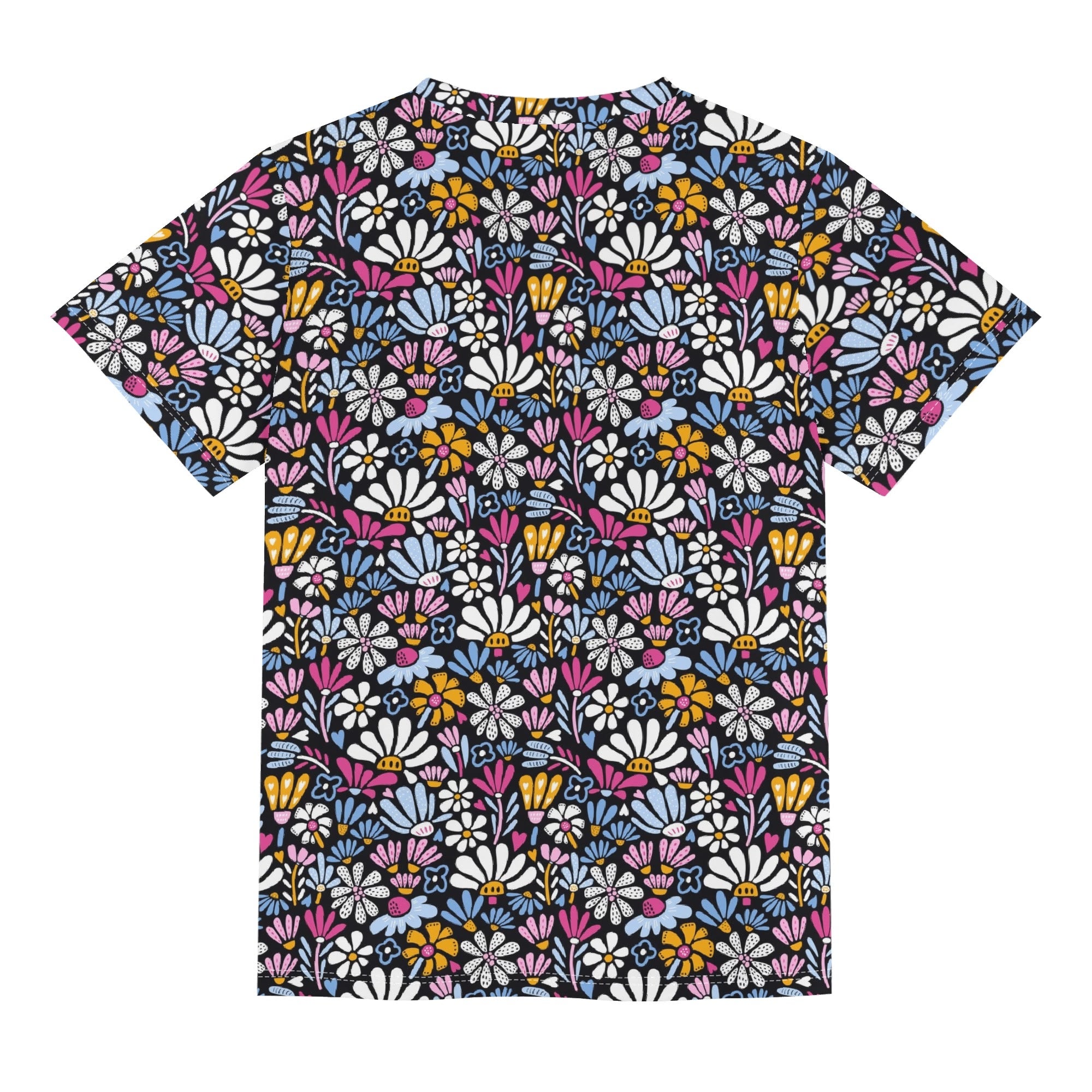 Graphic Flowers On Black Kids Loose Fit Short Sleeve T-Shirt Kid's Full Print T-shirt Plants Printed Offshore