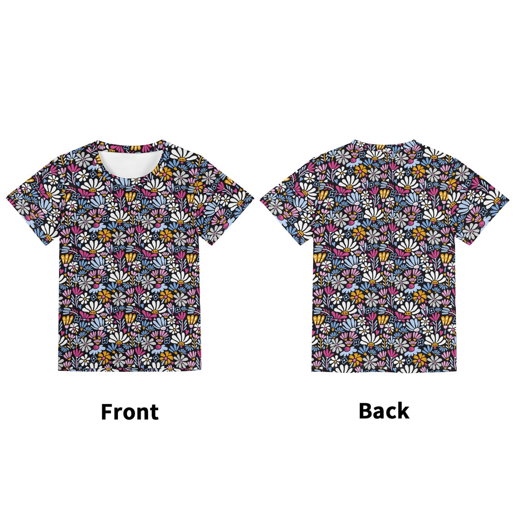 Graphic Flowers On Black Kids Loose Fit Short Sleeve T-Shirt Kid's Full Print T-shirt Plants Printed Offshore