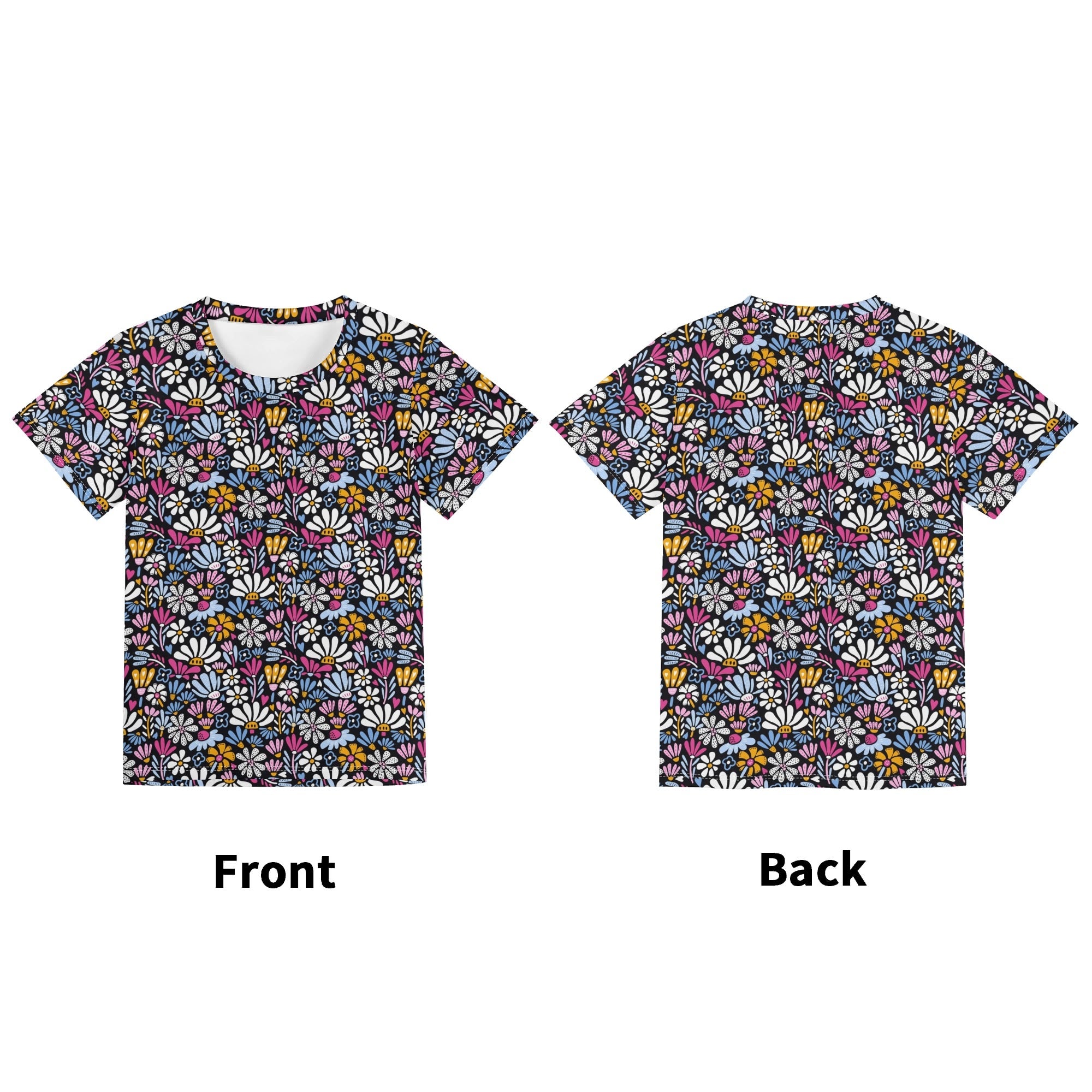 Graphic Flowers On Black Kids Loose Fit Short Sleeve T-Shirt Kid's Full Print T-shirt Plants Printed Offshore