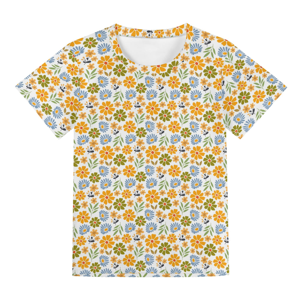 Retro Boho Flower Kids Loose Fit Short Sleeve T-Shirt Kid's Full Print T-shirt Plants Printed Offshore