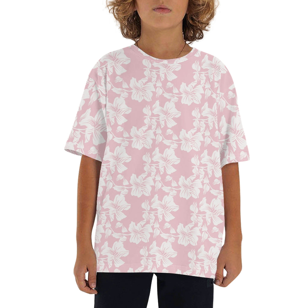 Pink Hawaiian Floral Kids Loose Fit Short Sleeve T-Shirt XL Kid's Full Print T-shirt Plants Printed Offshore