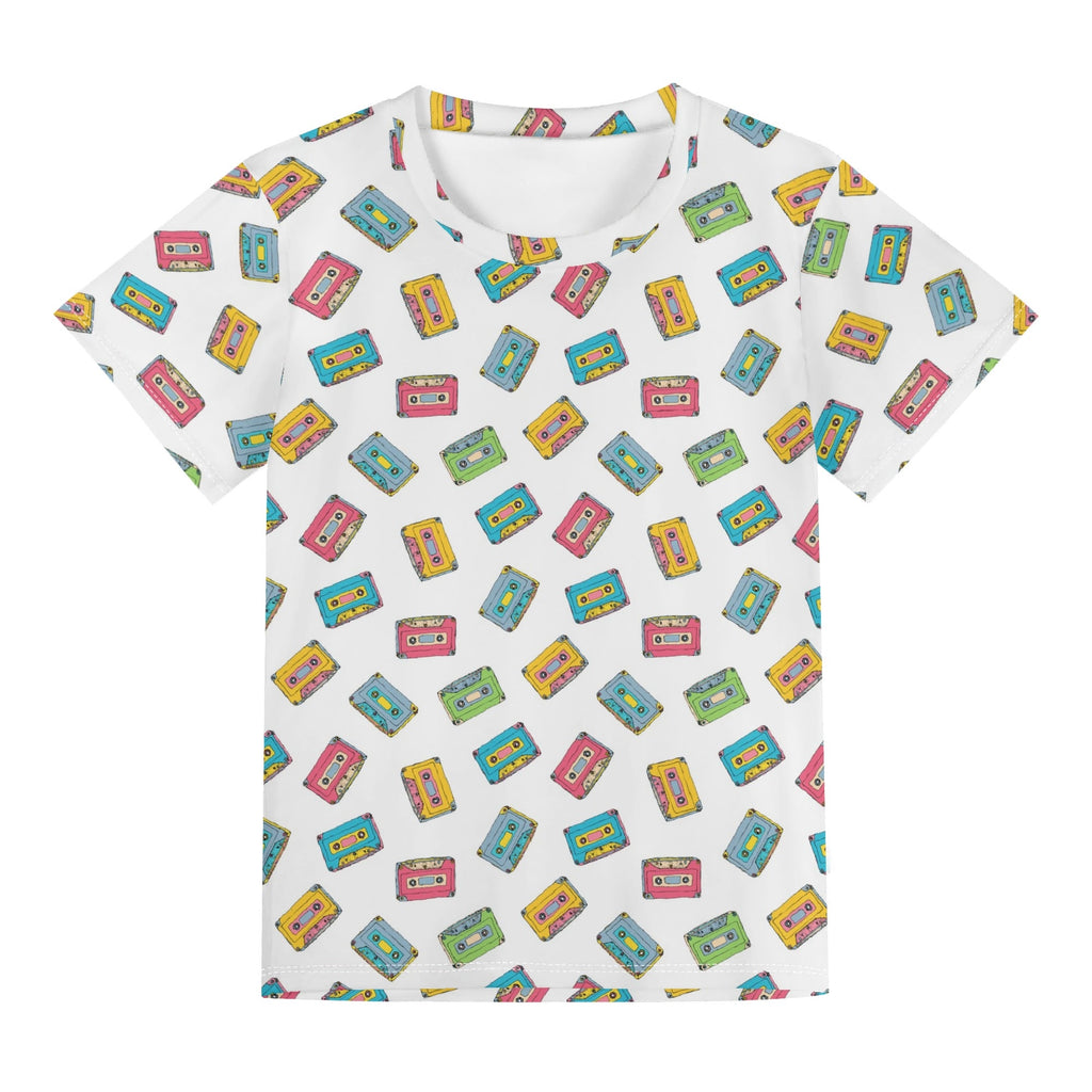 Colourful Cassette Tapes On White Kids Loose Fit Short Sleeve T-Shirt Kid's Full Print T-shirt Music Printed Offshore