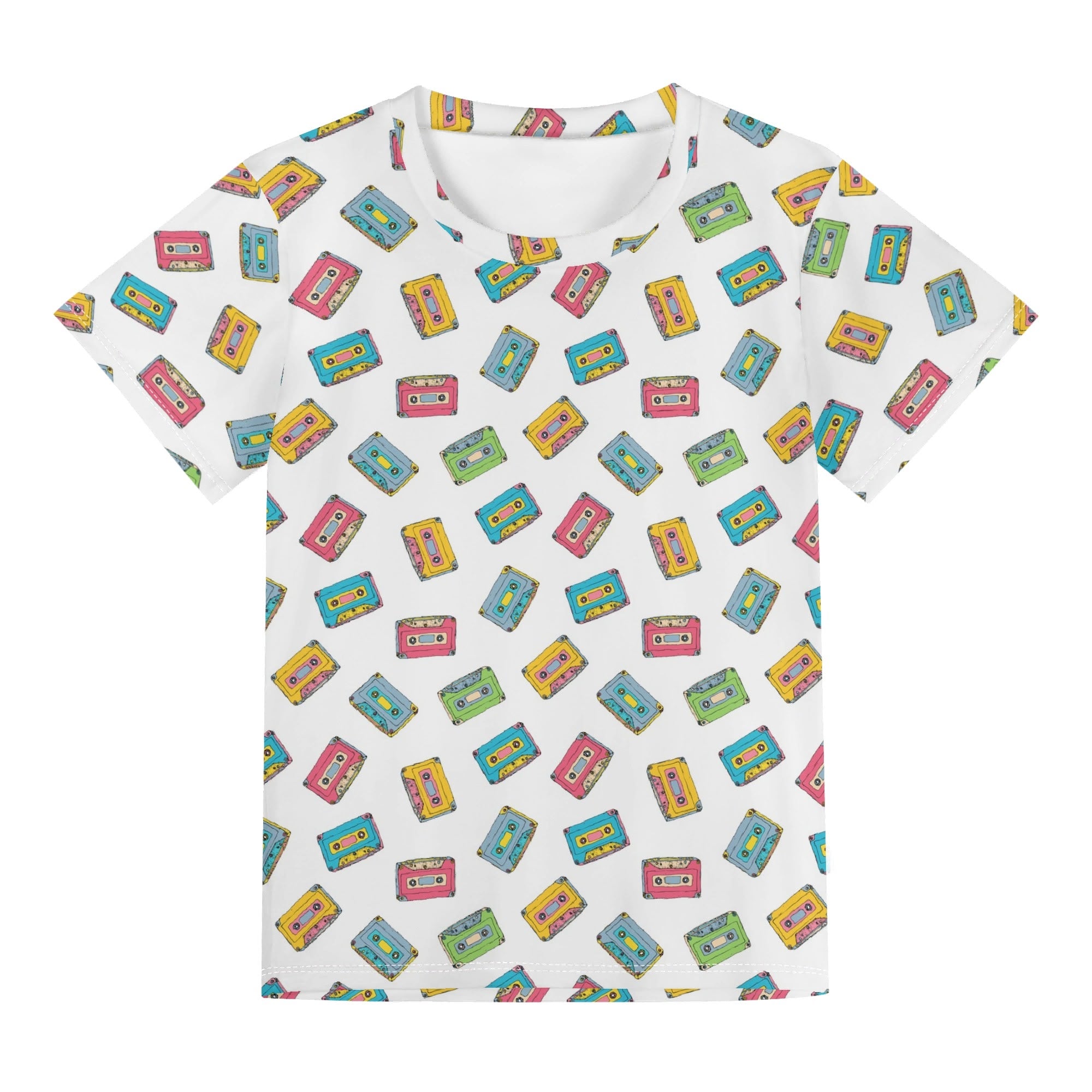 Colourful Cassette Tapes On White Kids Loose Fit Short Sleeve T-Shirt Kid's Full Print T-shirt Music Printed Offshore