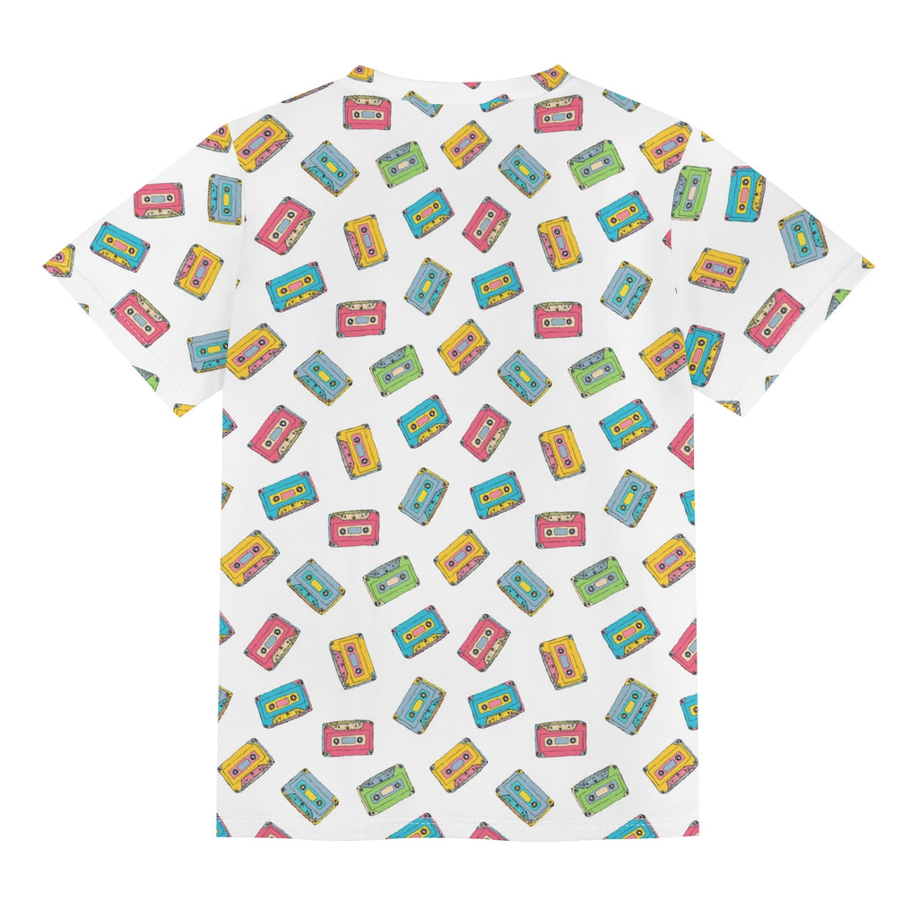 Colourful Cassette Tapes On White Kids Loose Fit Short Sleeve T-Shirt Kid's Full Print T-shirt Music Printed Offshore
