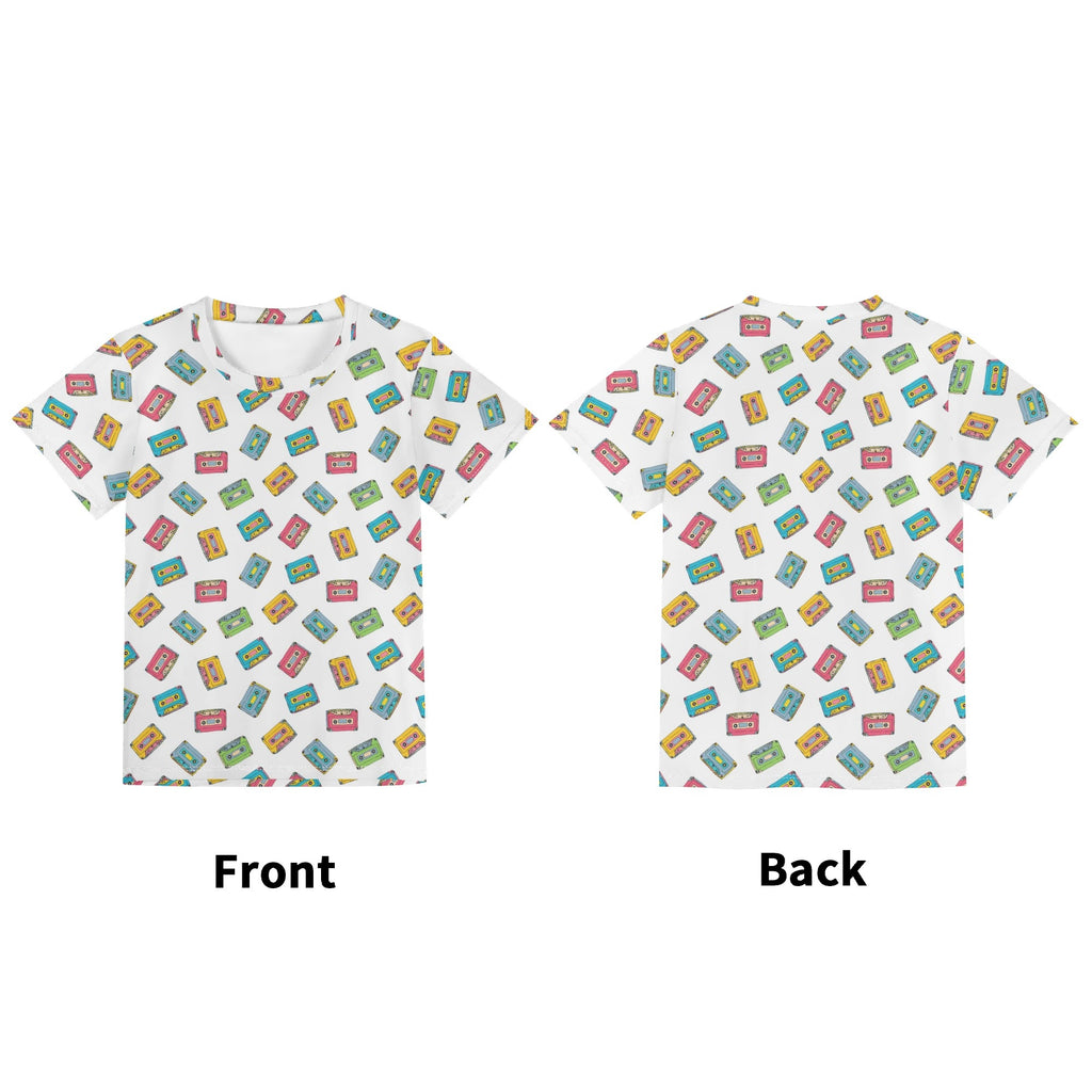 Colourful Cassette Tapes On White Kids Loose Fit Short Sleeve T-Shirt Kid's Full Print T-shirt Music Printed Offshore