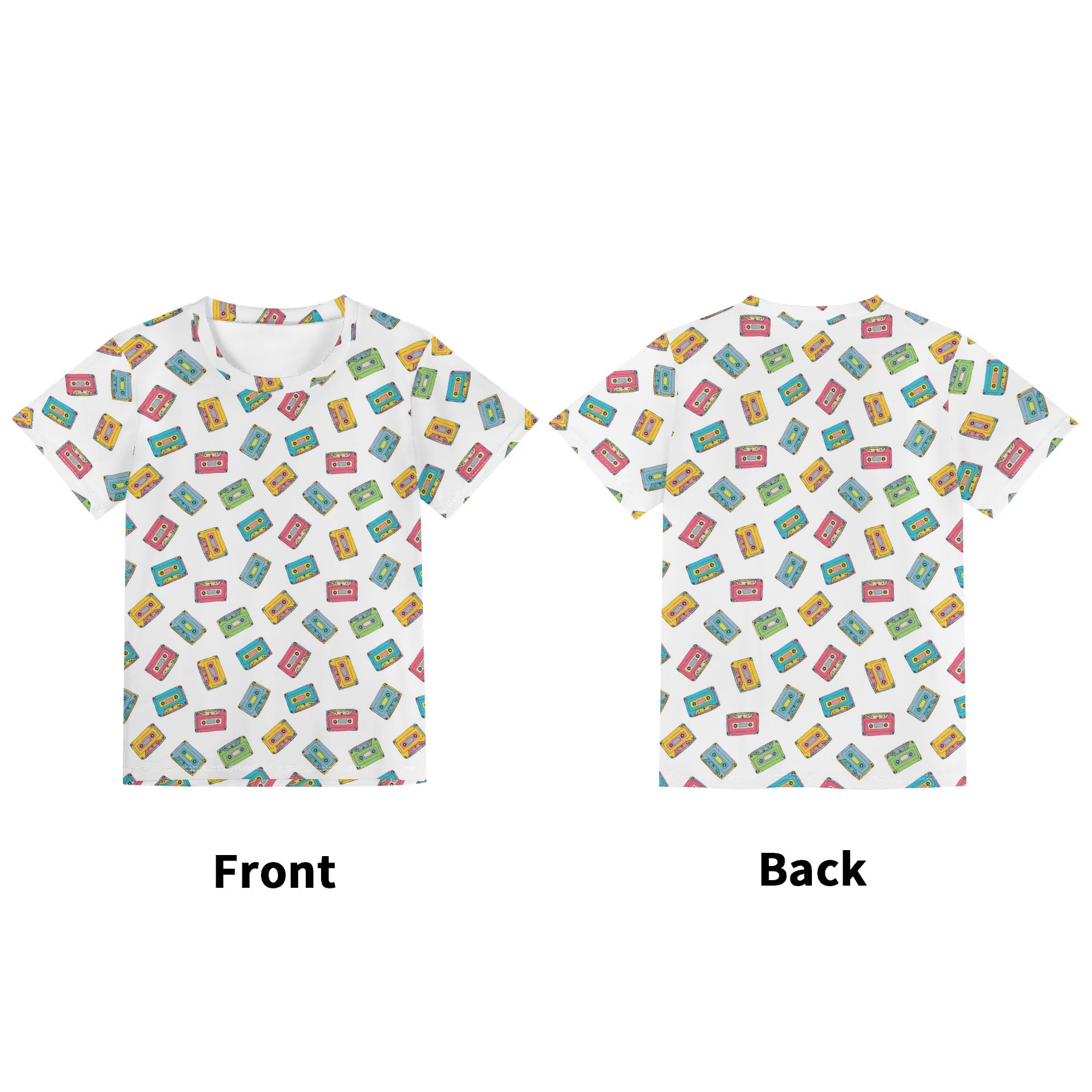 Colourful Cassette Tapes On White Kids Loose Fit Short Sleeve T-Shirt Kid's Full Print T-shirt Music Printed Offshore