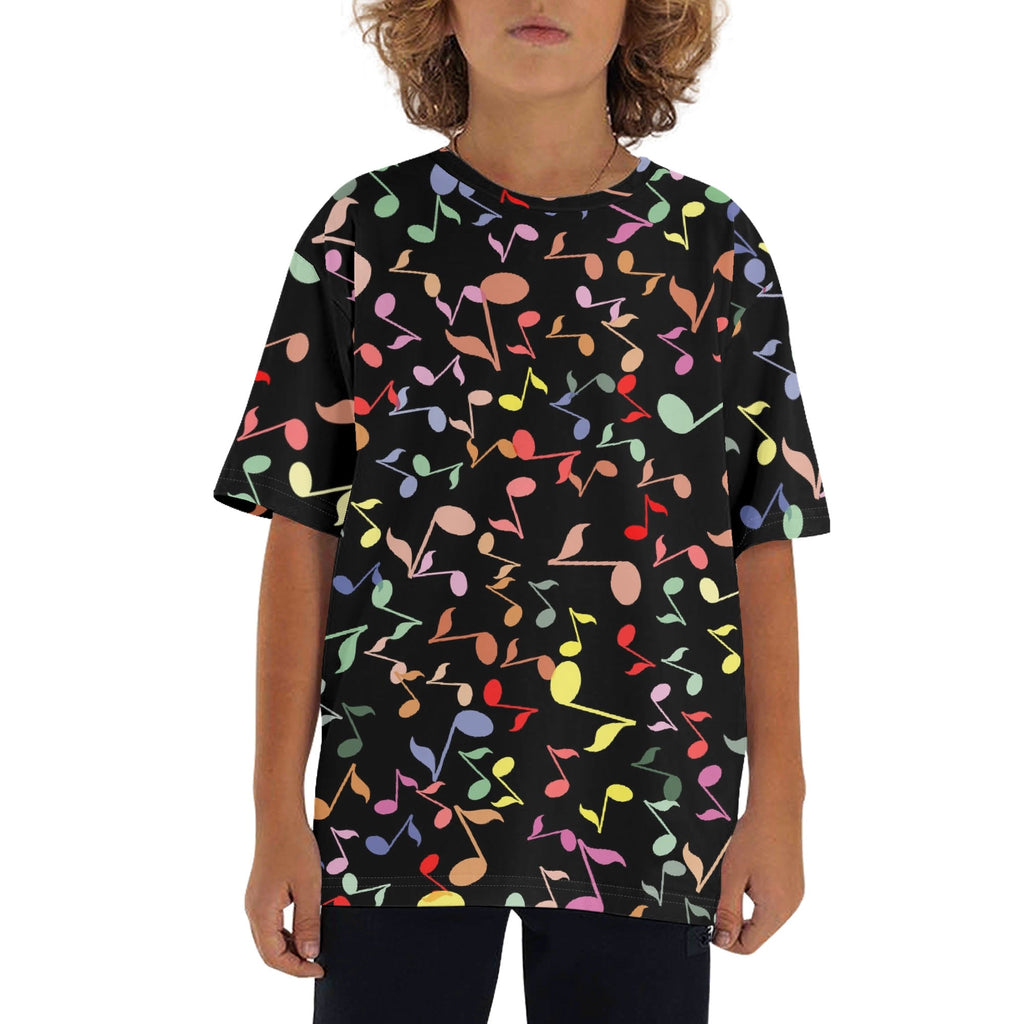 Quavers, Colourful Music Notes Kids Loose Fit Short Sleeve T-Shirt XL Kid's Full Print T-shirt Music Printed Offshore