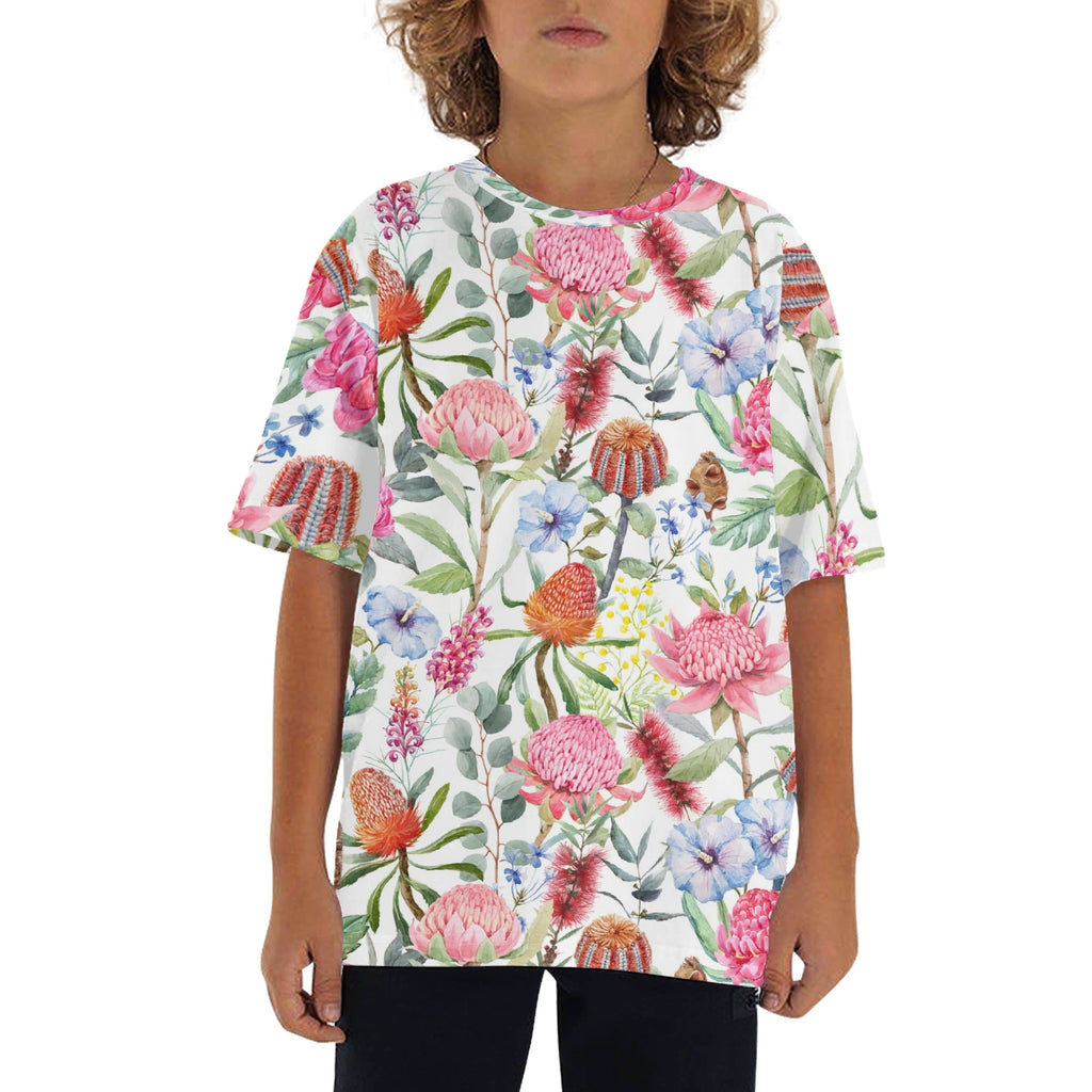 Australian Flowers Kids Loose Fit Short Sleeve T-Shirt XL Kid's Full Print T-shirt Plants Printed Offshore